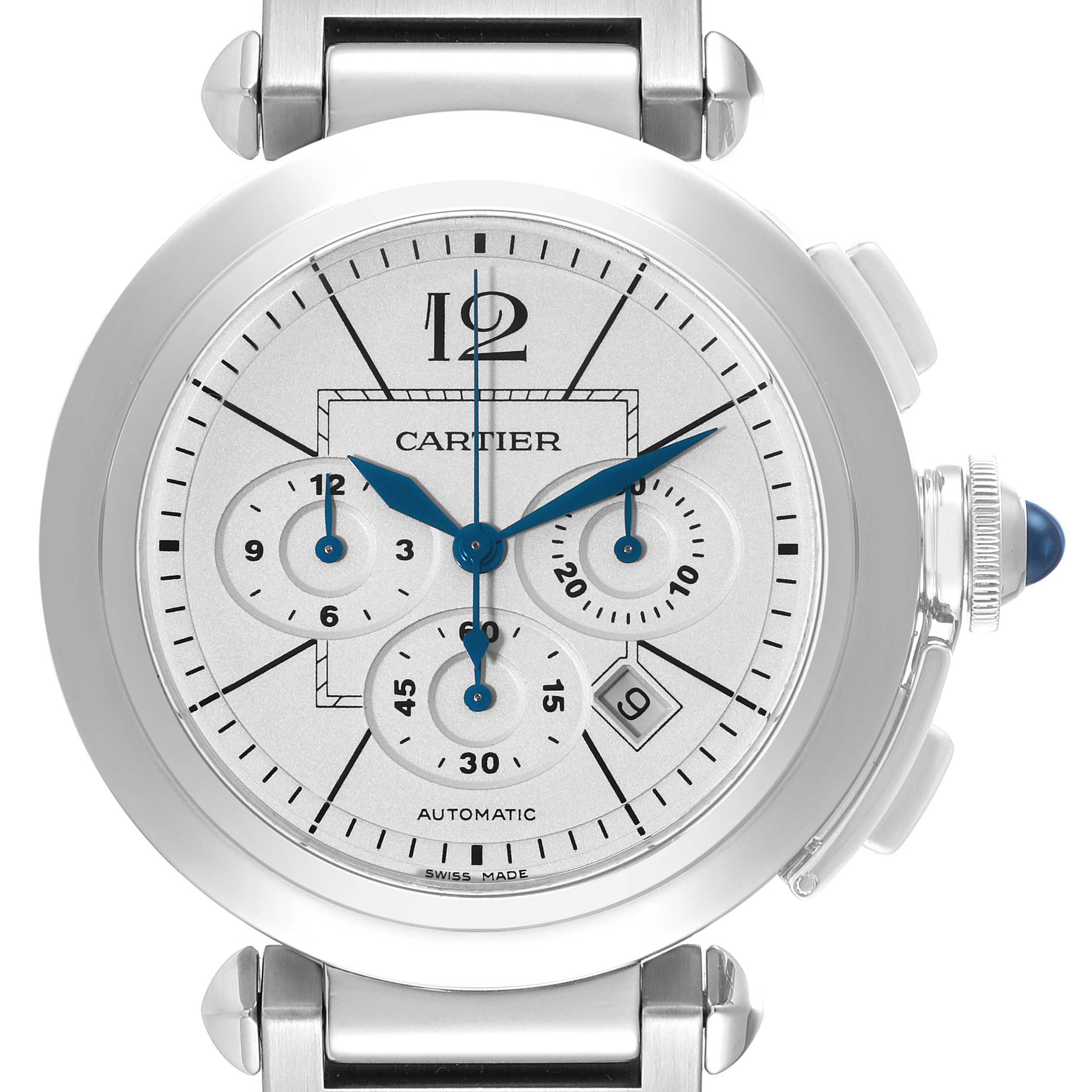 This image shows a front view of the Cartier Pasha W31085M7 Men's Stainless Steel Silver Dial W31085M7 Men's Stainless Steel Silver Dial model watch, displaying its dial, hands, subdials, and crown.