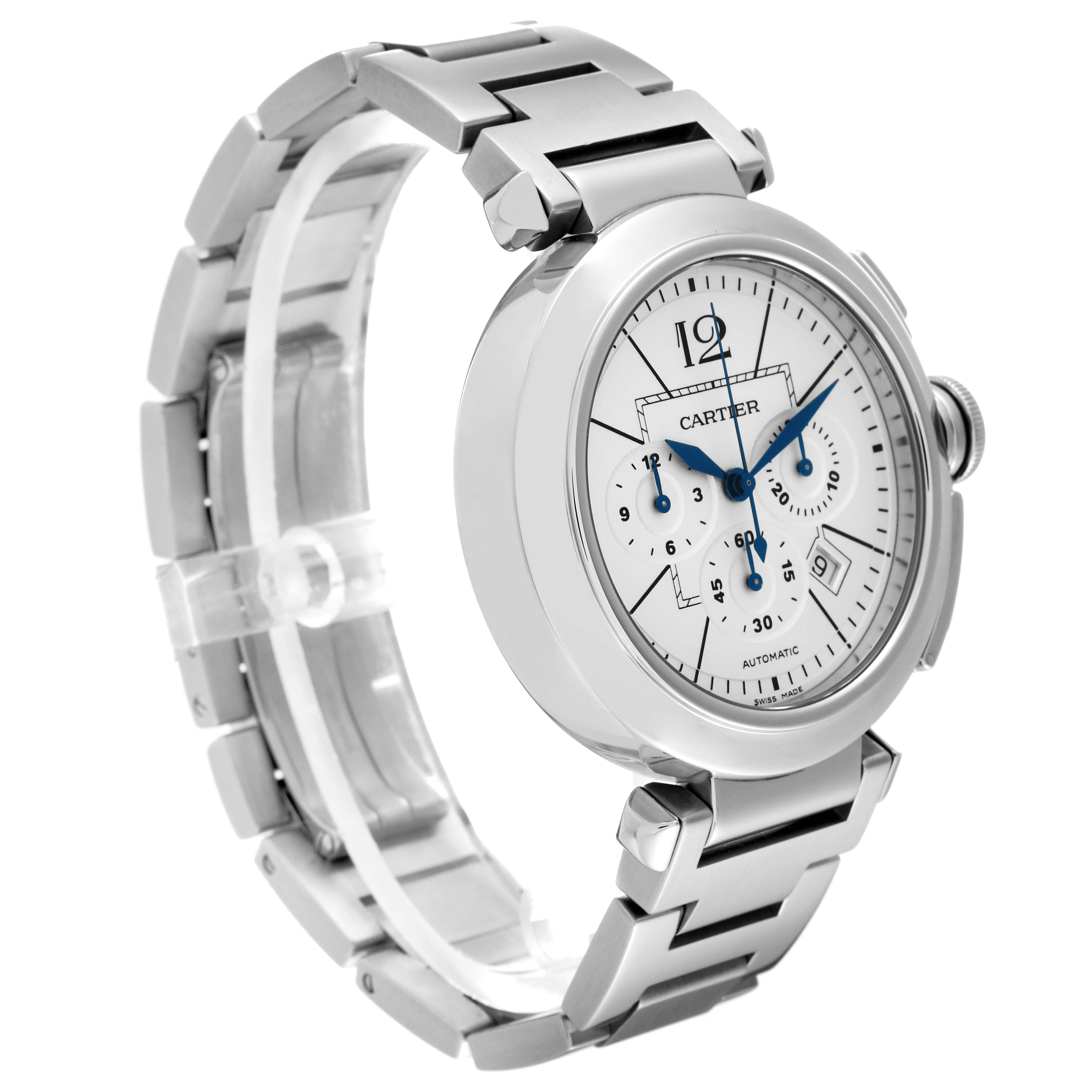 This Cartier Pasha W31085M7 Men's Stainless Steel Silver Dial W31085M7 Men's Stainless Steel Silver Dial model watch is shown at a slight left side angle, highlighting its metal bracelet and detailed face.