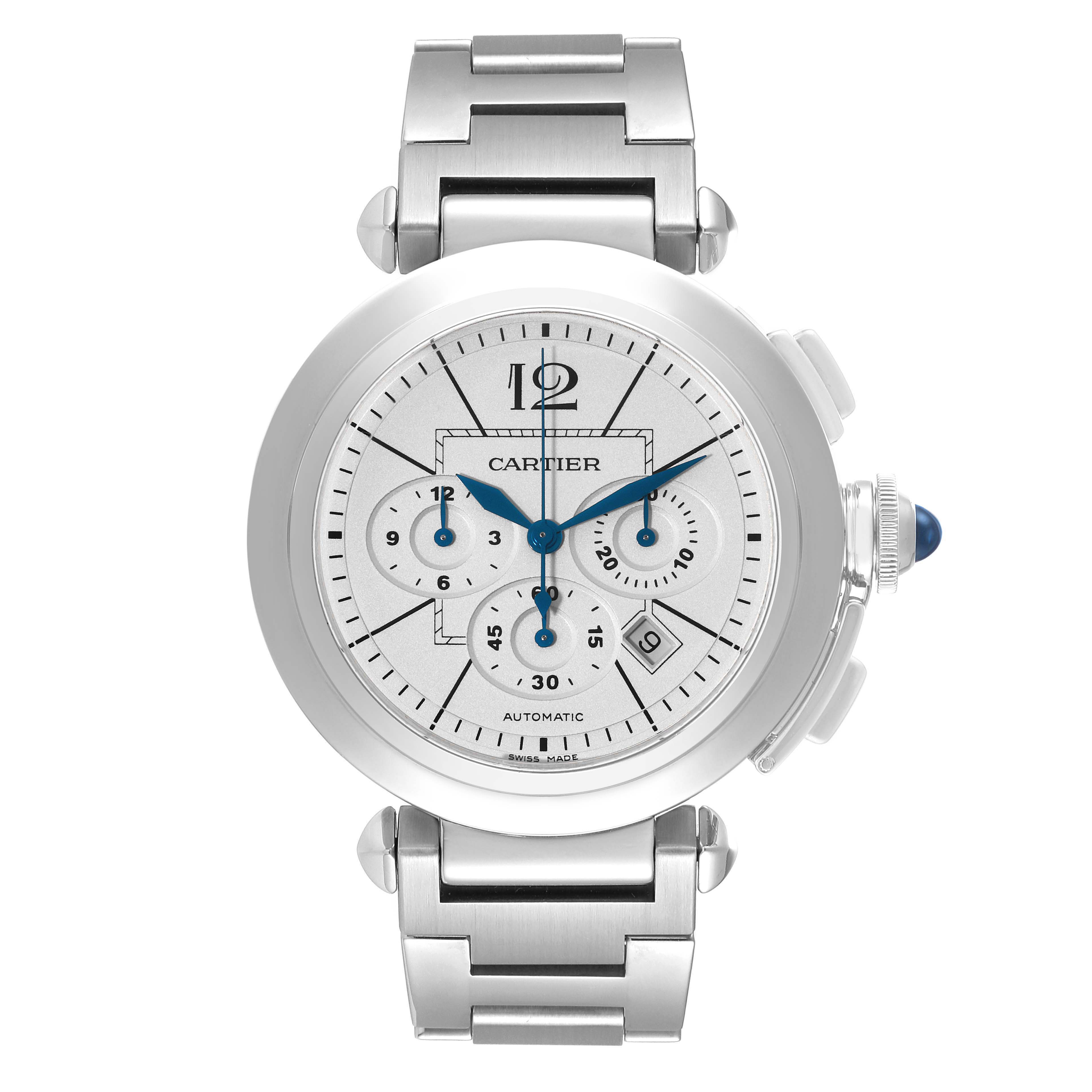 The image shows a front view of a Cartier Pasha W31085M7 Men's Stainless Steel Silver Dial W31085M7 Men's Stainless Steel Silver Dial watch, displaying the dial, sub-dials, date window, and part of the metal bracelet.