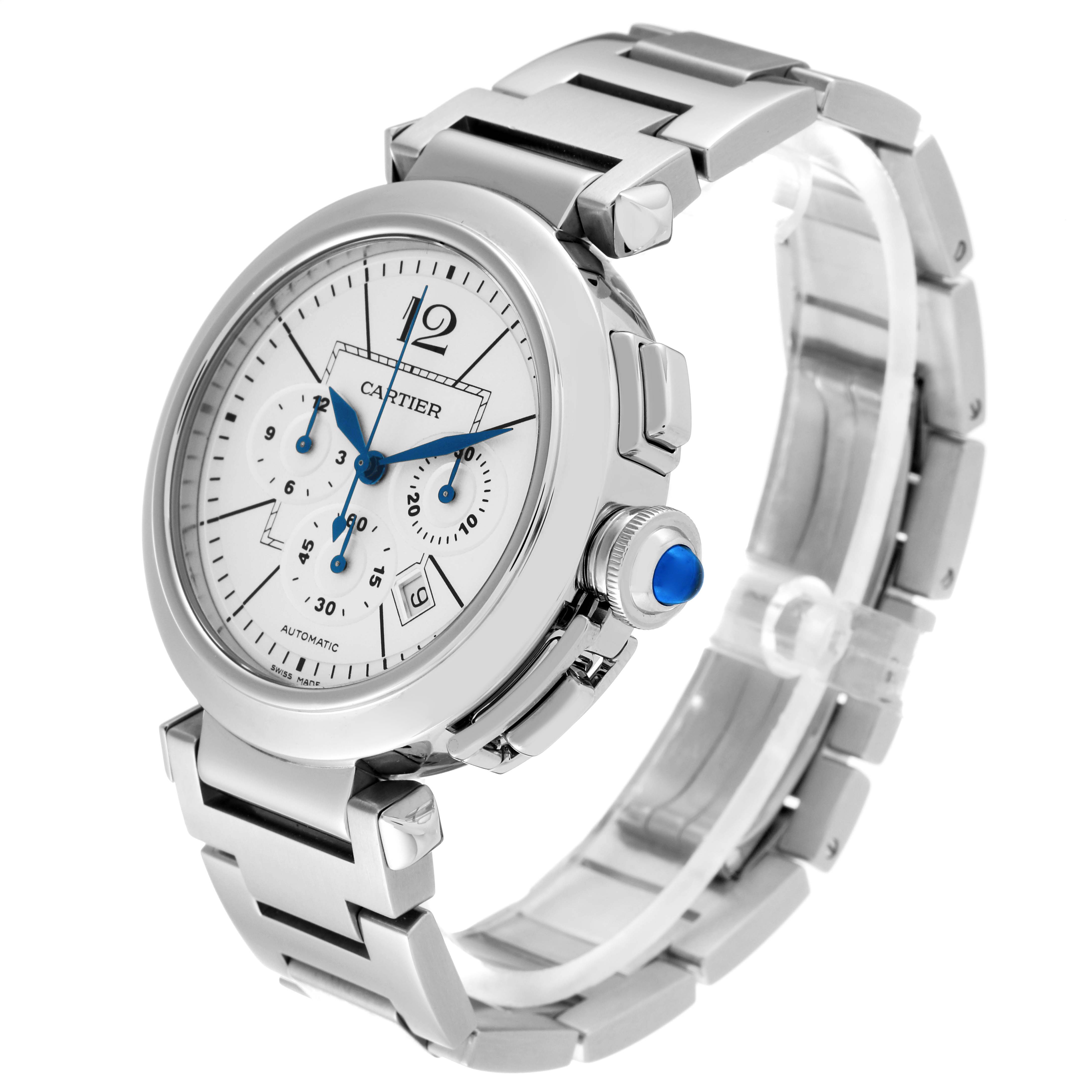 The Pasha model by Cartier is shown from an angled side view, highlighting the face, bracelet, crown, and chronograph pushers.
