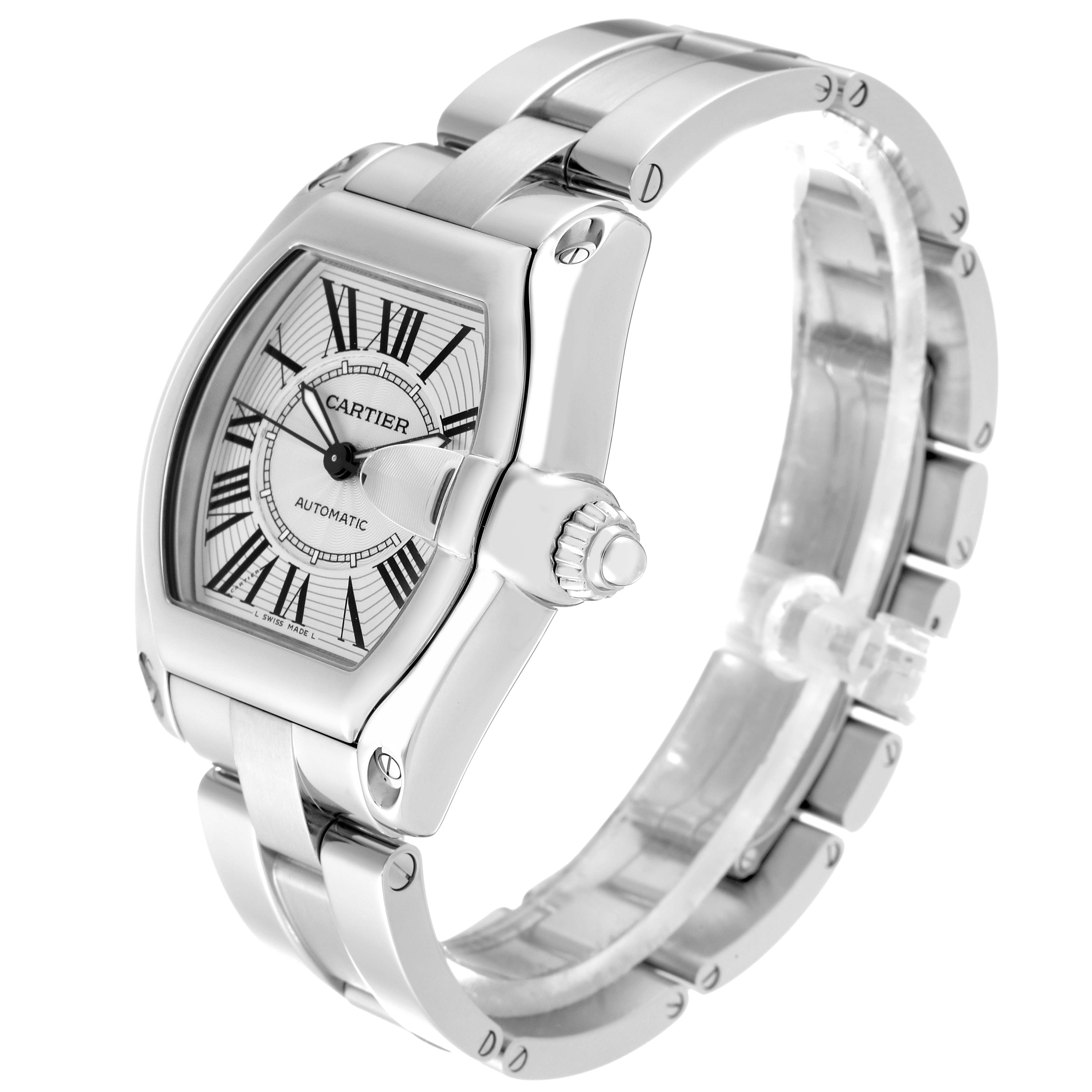 The image shows a side angle of the Cartier Roadster W62025V3 Men's Stainless Steel Silver Dial W62025V3 Men's Stainless Steel Silver Dial watch, highlighting its face, bezel, crown, and part of the bracelet.