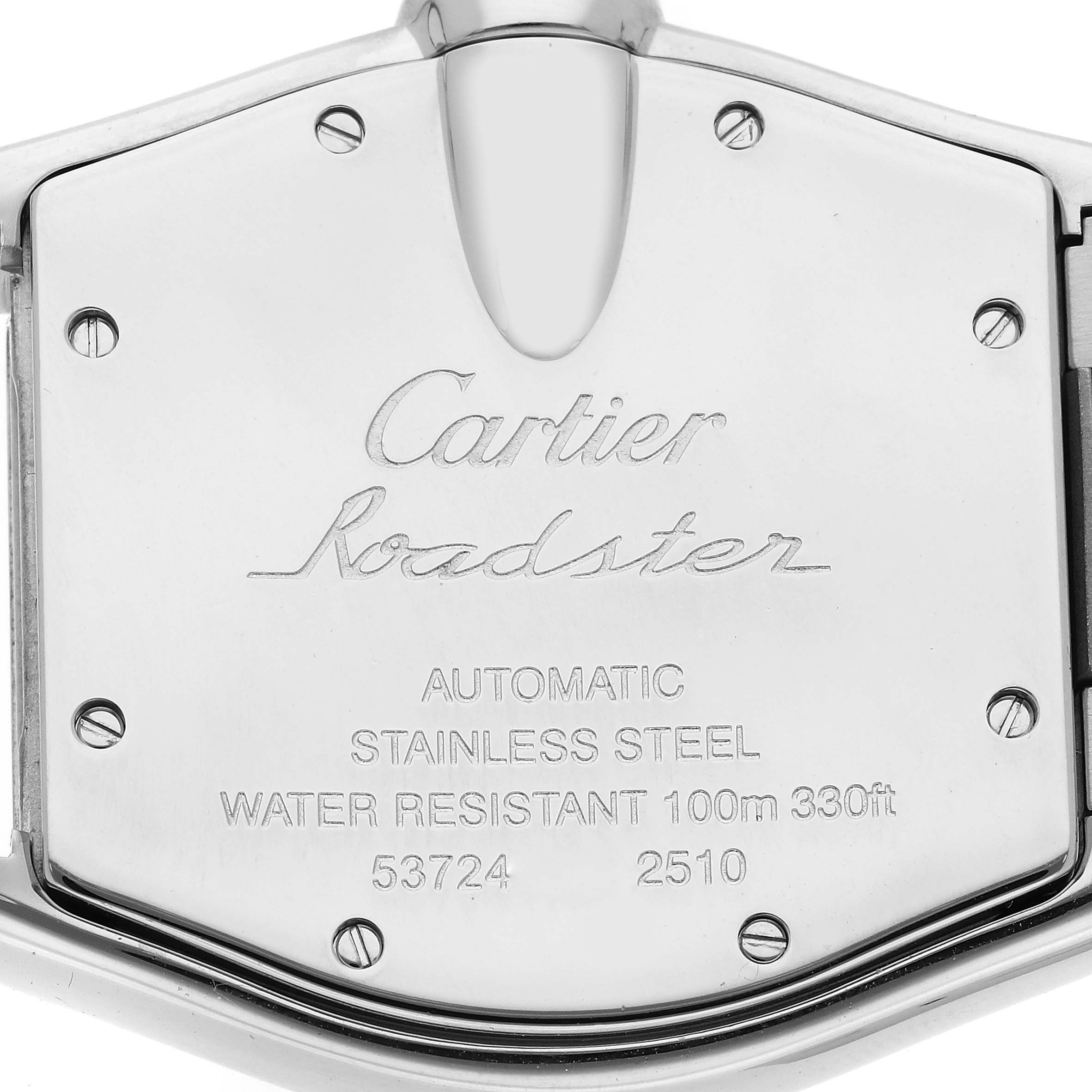 The image shows the back case of a Cartier Roadster W62025V3 Men's Stainless Steel Silver Dial W62025V3 Men's Stainless Steel Silver Dial watch.