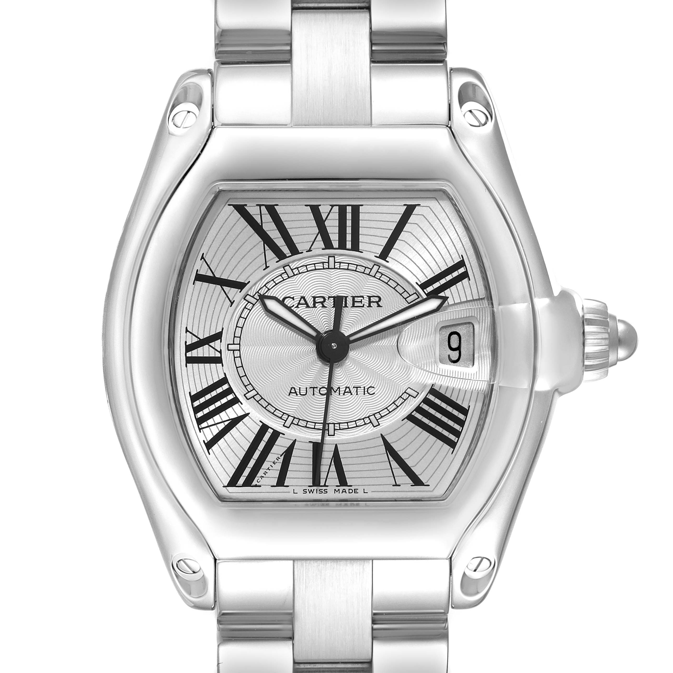 The image shows a frontal view of the Cartier Roadster W62025V3 Men's Stainless Steel Silver Dial W62025V3 Men's Stainless Steel Silver Dial watch, highlighting its face, bracelet, and date window at 3 o'clock.