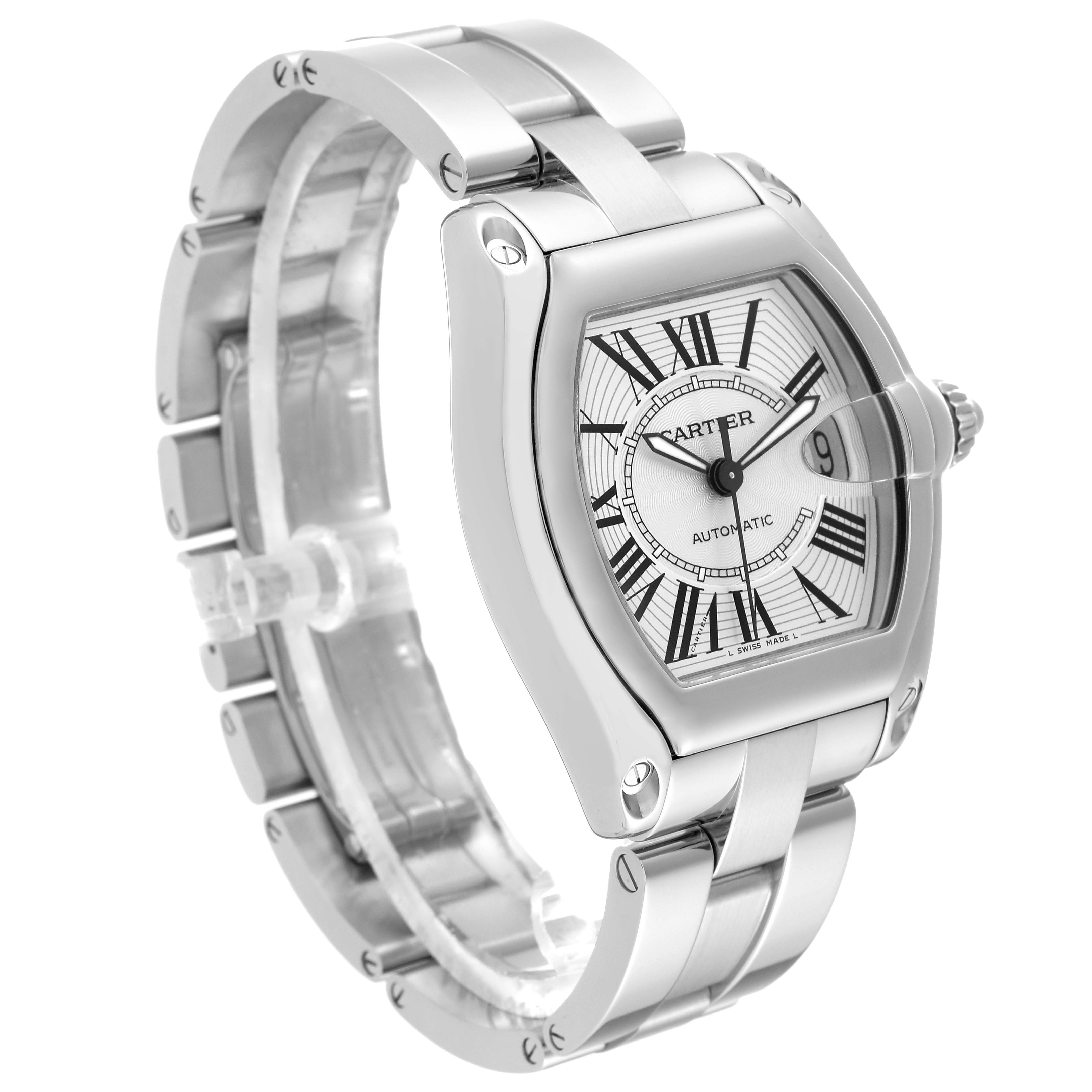 The image shows a side angle of a Cartier Roadster W62025V3 Men's Stainless Steel Silver Dial W62025V3 Men's Stainless Steel Silver Dial watch, highlighting its bracelet, dial, and crown.