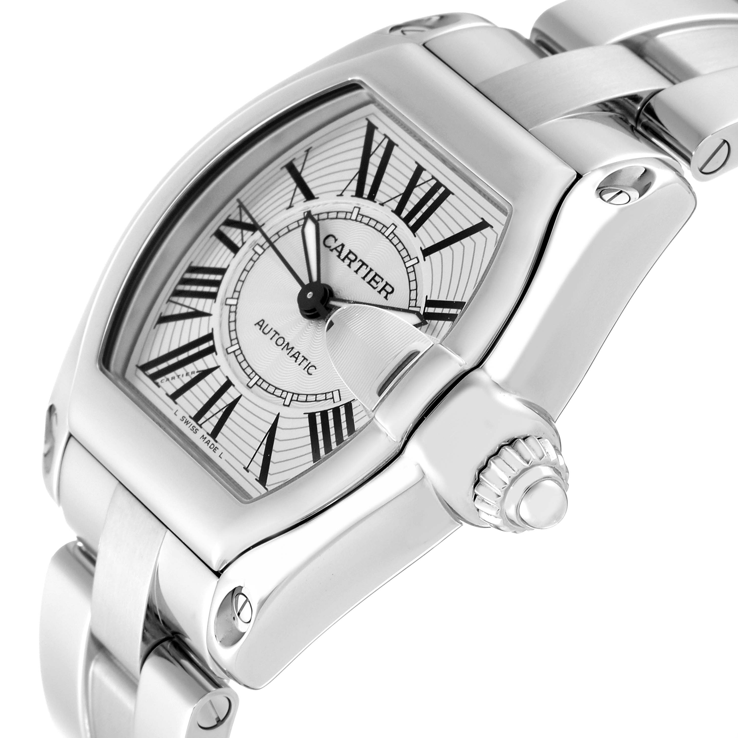 The image shows a Cartier Roadster W62025V3 Men's Stainless Steel Silver Dial W62025V3 Men's Stainless Steel Silver Dial model watch from a three-quarter angle, highlighting the dial, crown, and part of the bracelet.