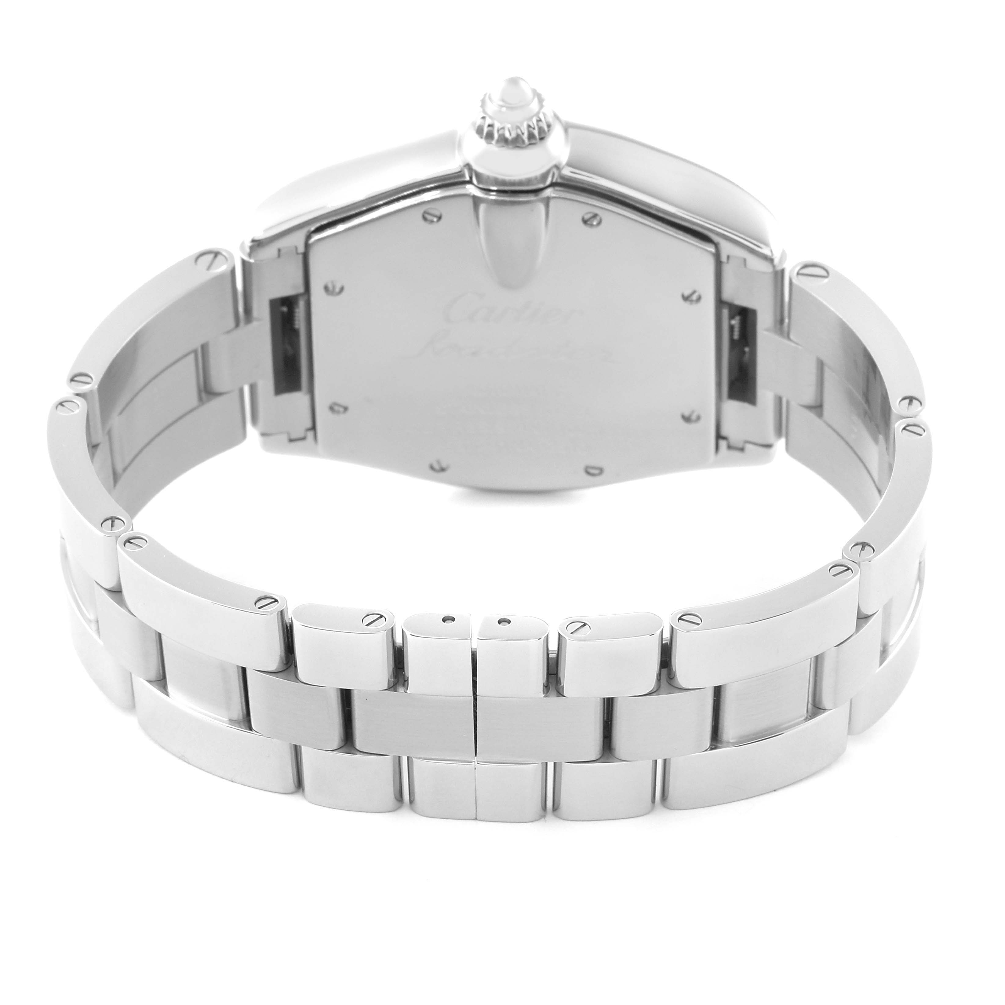 The image shows the back case and bracelet of a Cartier Roadster W62025V3 Men's Stainless Steel Silver Dial W62025V3 Men's Stainless Steel Silver Dial watch from a rear angle.