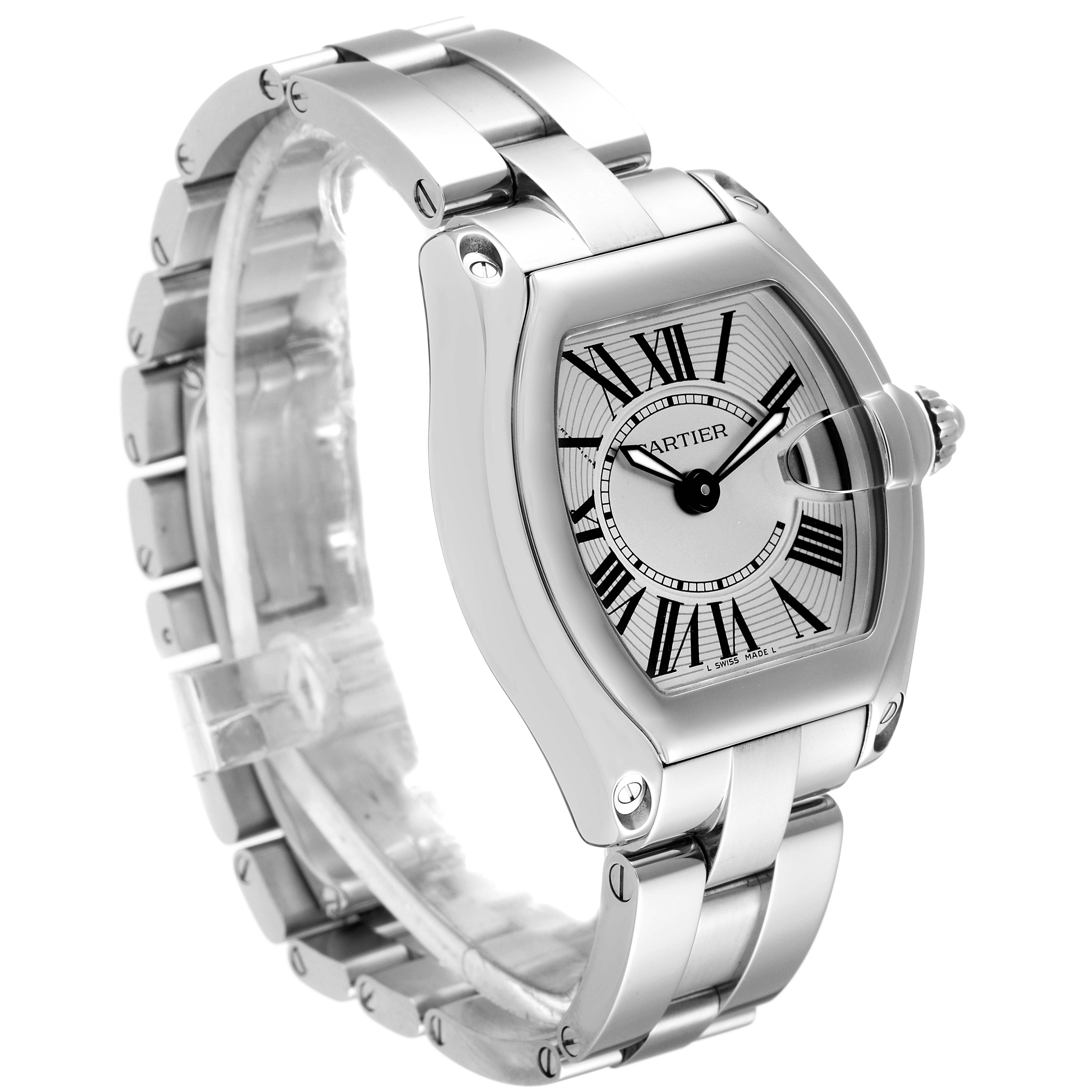 This Cartier Roadster W62016V3 Women's Stainless Steel Silver Dial W62016V3 Women's Stainless Steel Silver Dial watch is shown from a front-left angle, highlighting the dial, case, and bracelet.