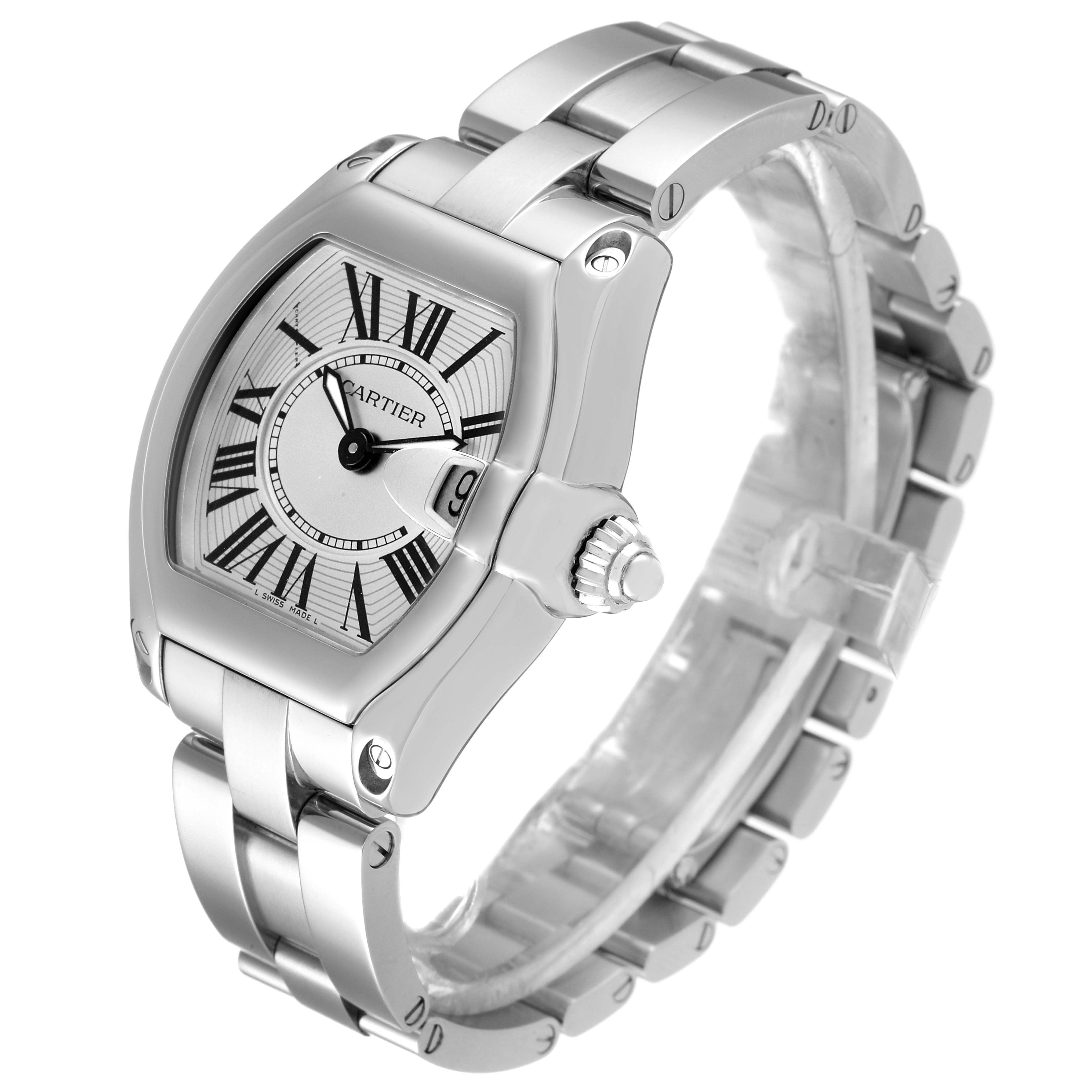 The image shows a Cartier Roadster W62016V3 Women's Stainless Steel Silver Dial W62016V3 Women's Stainless Steel Silver Dial watch at a three-quarter angle, highlighting its face and metal bracelet.