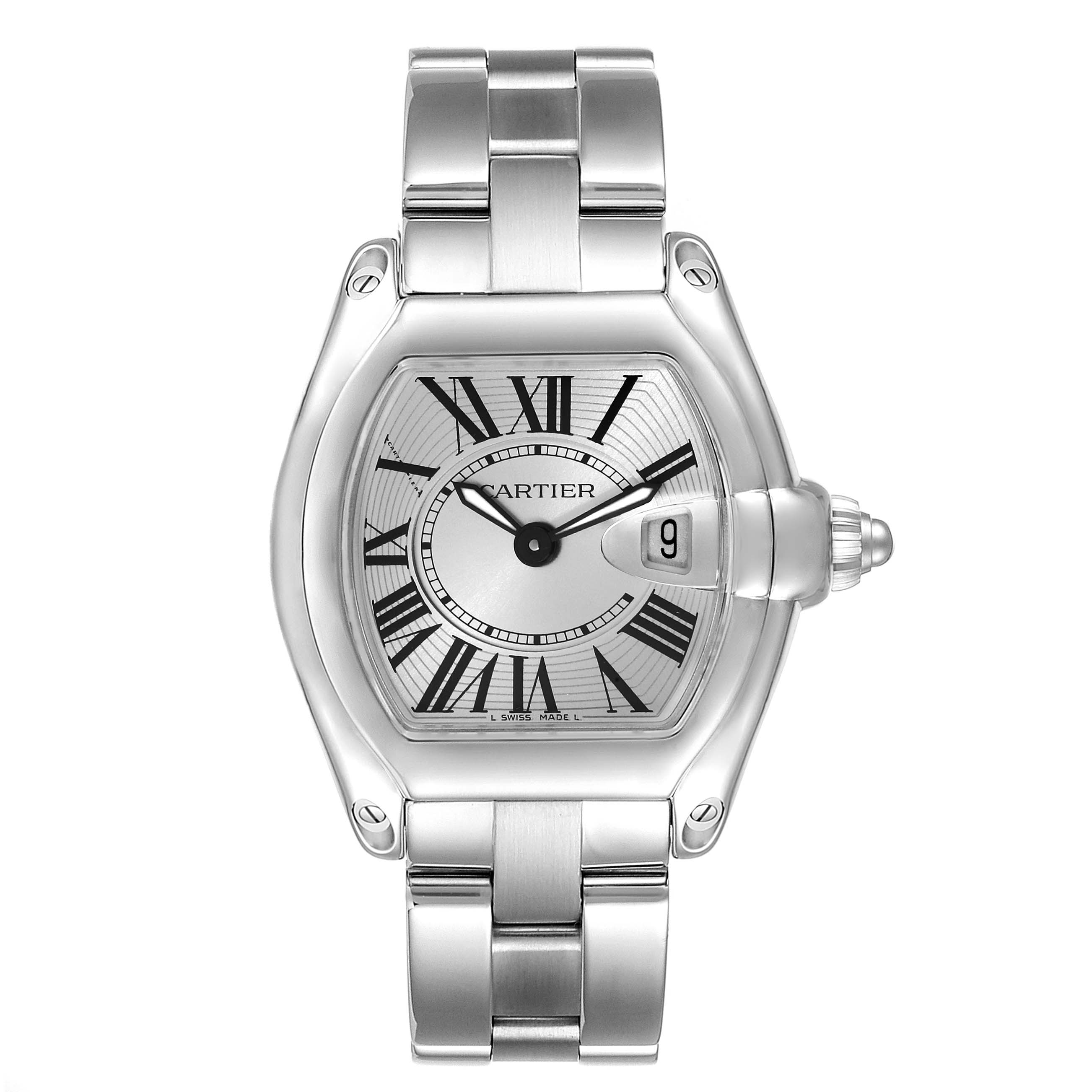 The Cartier Roadster W62016V3 Women's Stainless Steel Silver Dial W62016V3 Women's Stainless Steel Silver Dial watch is shown from a top-down angle, displaying the face, bracelet, and crown.