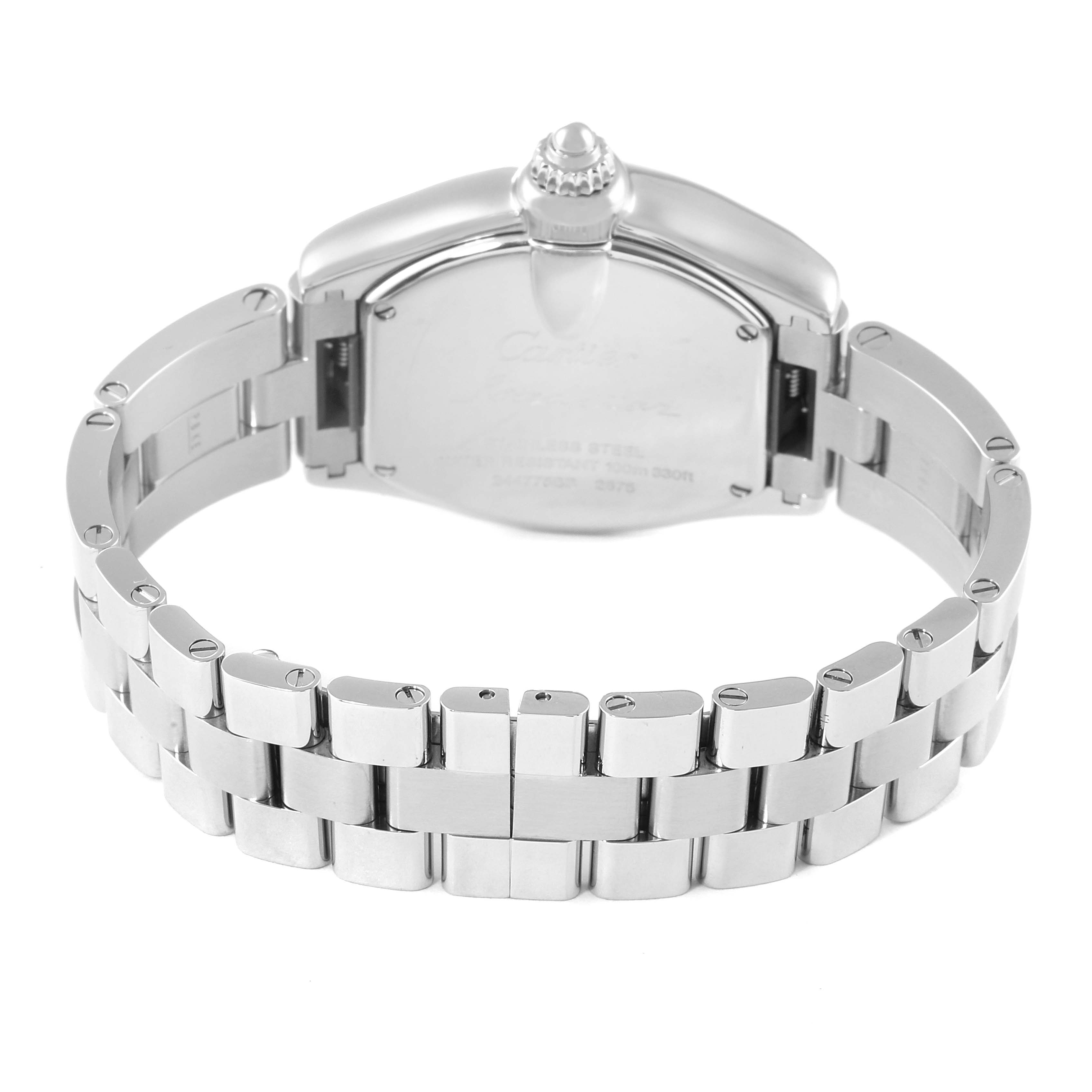 This image shows the back view of the Cartier Roadster W62016V3 Women's Stainless Steel Silver Dial W62016V3 Women's Stainless Steel Silver Dial watch, highlighting the stainless steel case and bracelet with the clasp open.