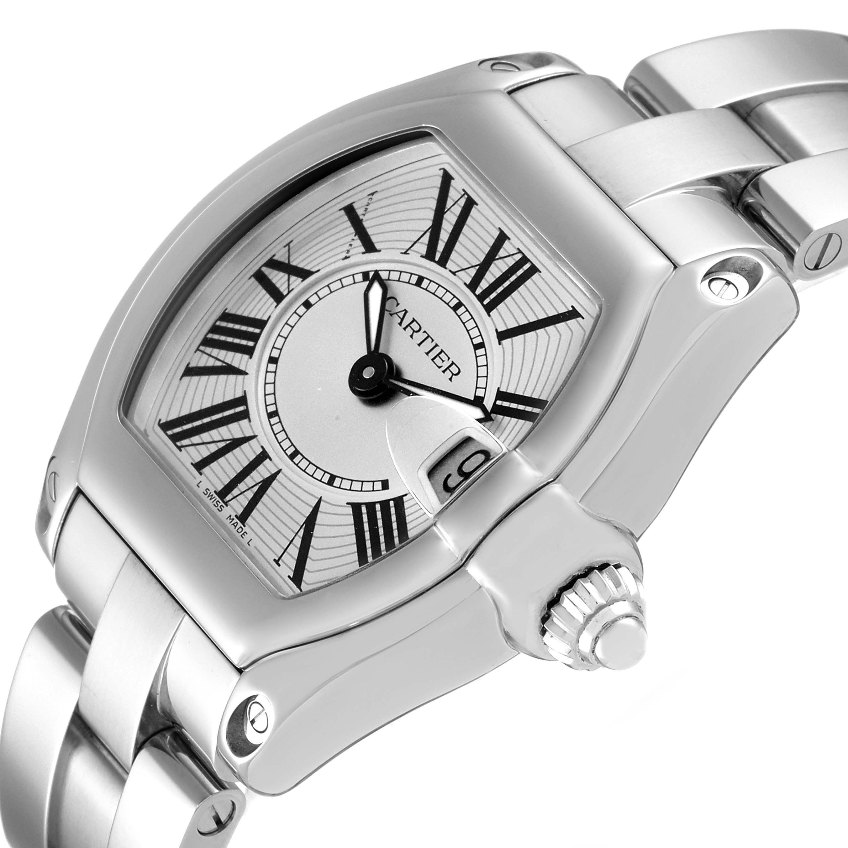 The image shows a close-up of the Cartier Roadster W62016V3 Women's Stainless Steel Silver Dial W62016V3 Women's Stainless Steel Silver Dial watch face, crown, and part of the bracelet from a side angle.