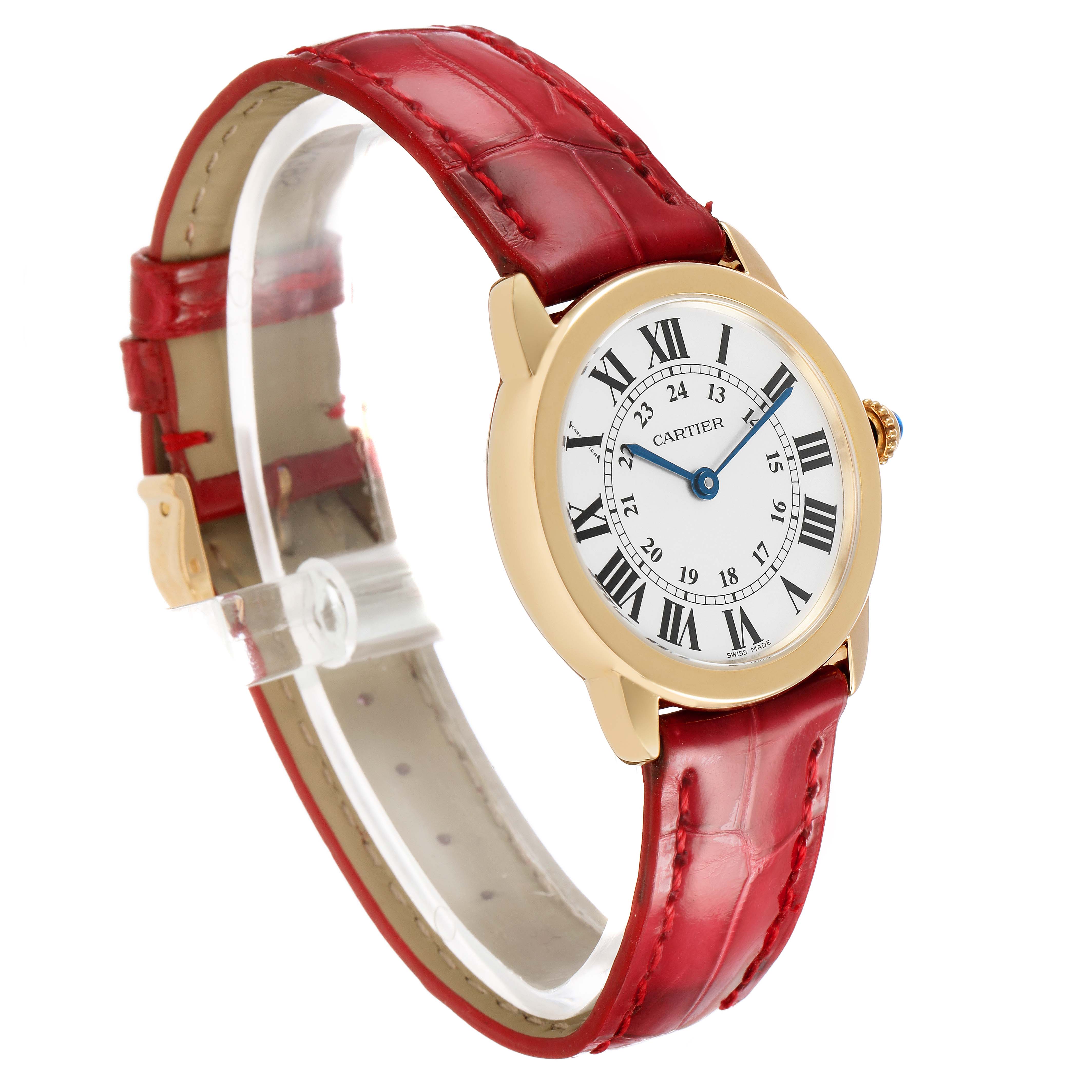The Cartier Ronde W6700355 Women's Yellow Gold Silver Dial watch is shown at a slight angle, highlighting its round face, Roman numerals, and red leather strap.