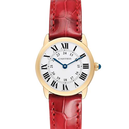 The Cartier Ronde W6700355 Women's Yellow Gold Silver Dial watch is shown from the front, featuring the dial, Roman numerals, and a red leather strap.