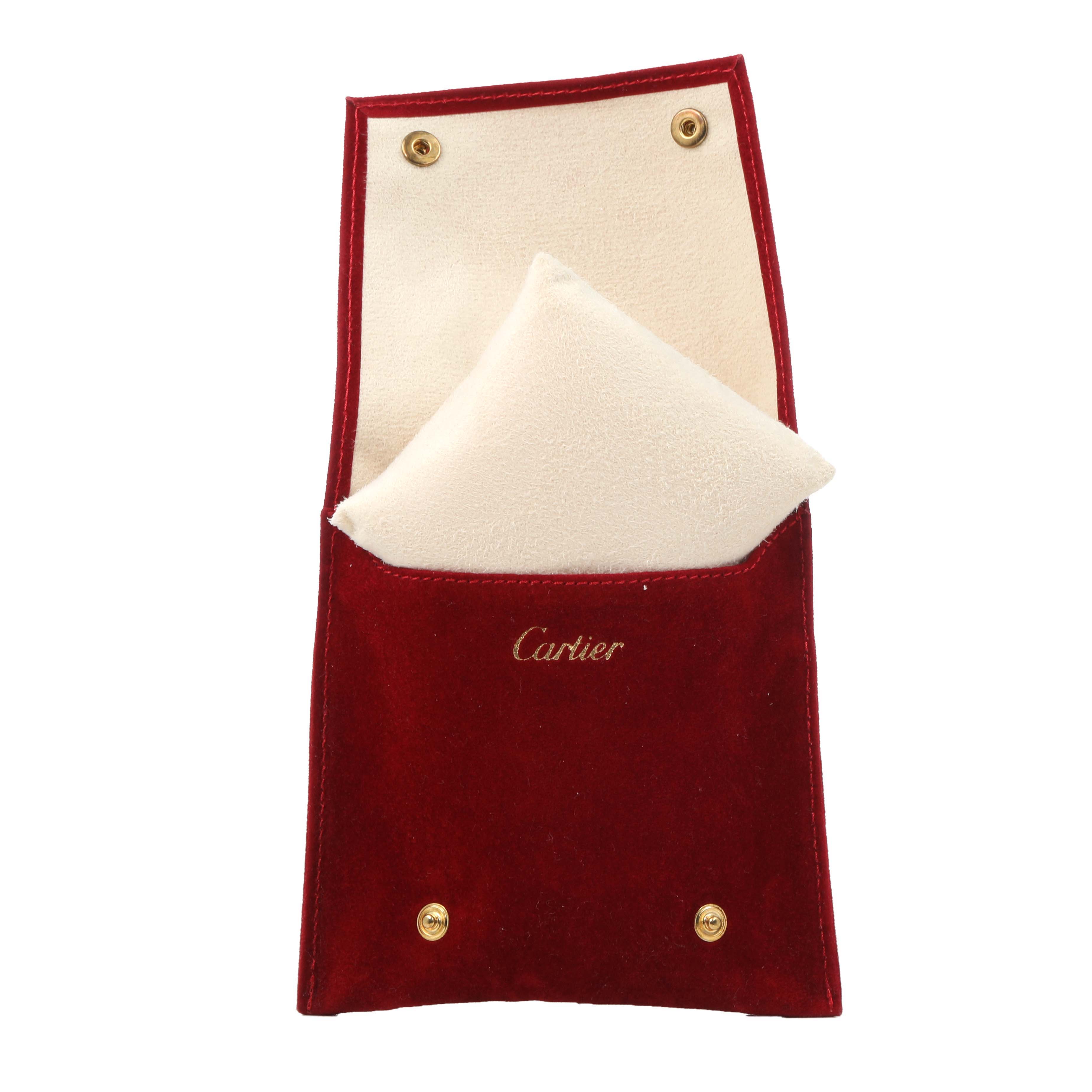 The image shows a red velvet Cartier pouch for a Ronde model watch, containing a white cloth inside.