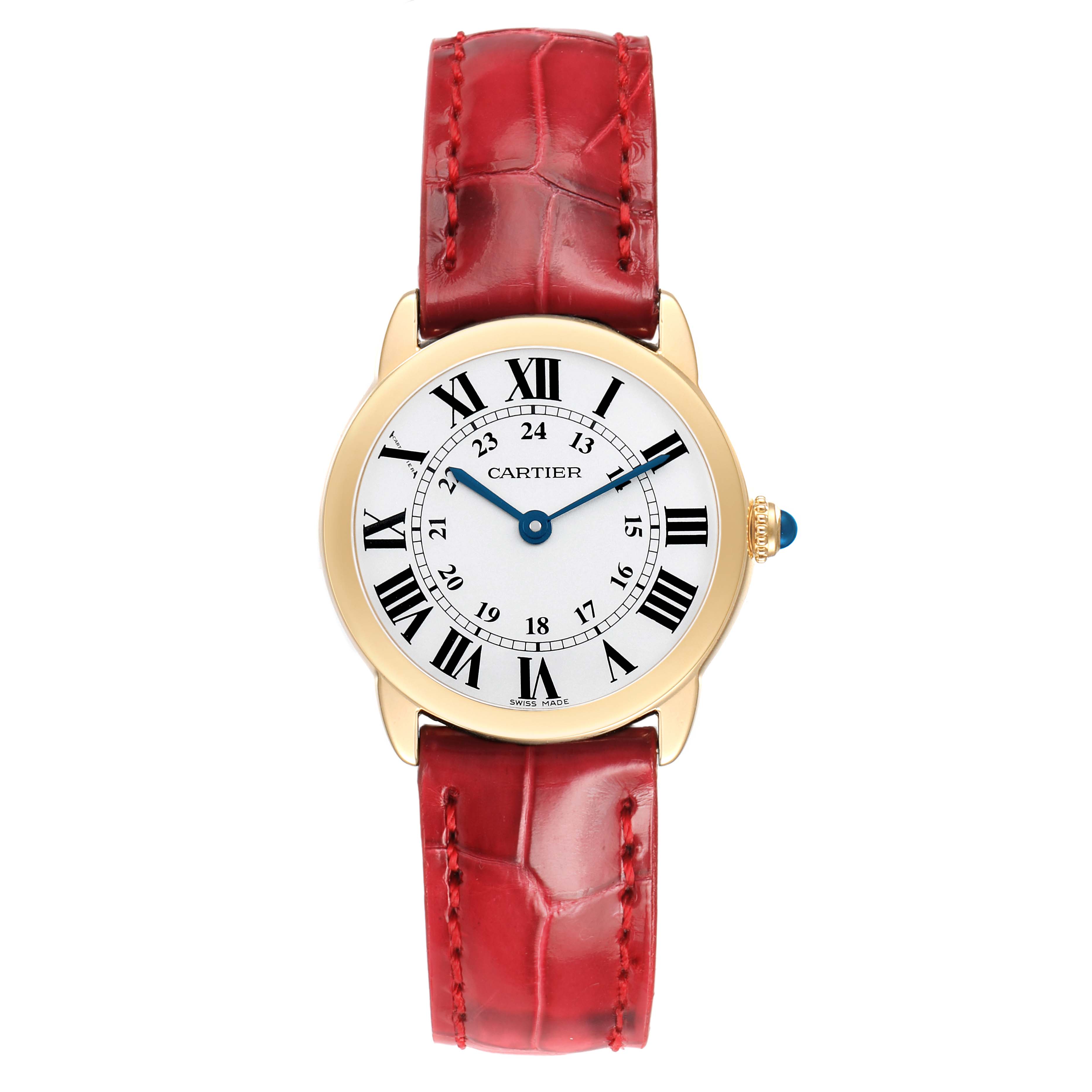 The Cartier Ronde W6700355 Women's Yellow Gold Silver Dial watch is shown from a front view, highlighting its dial, bezel, case, and red leather strap.