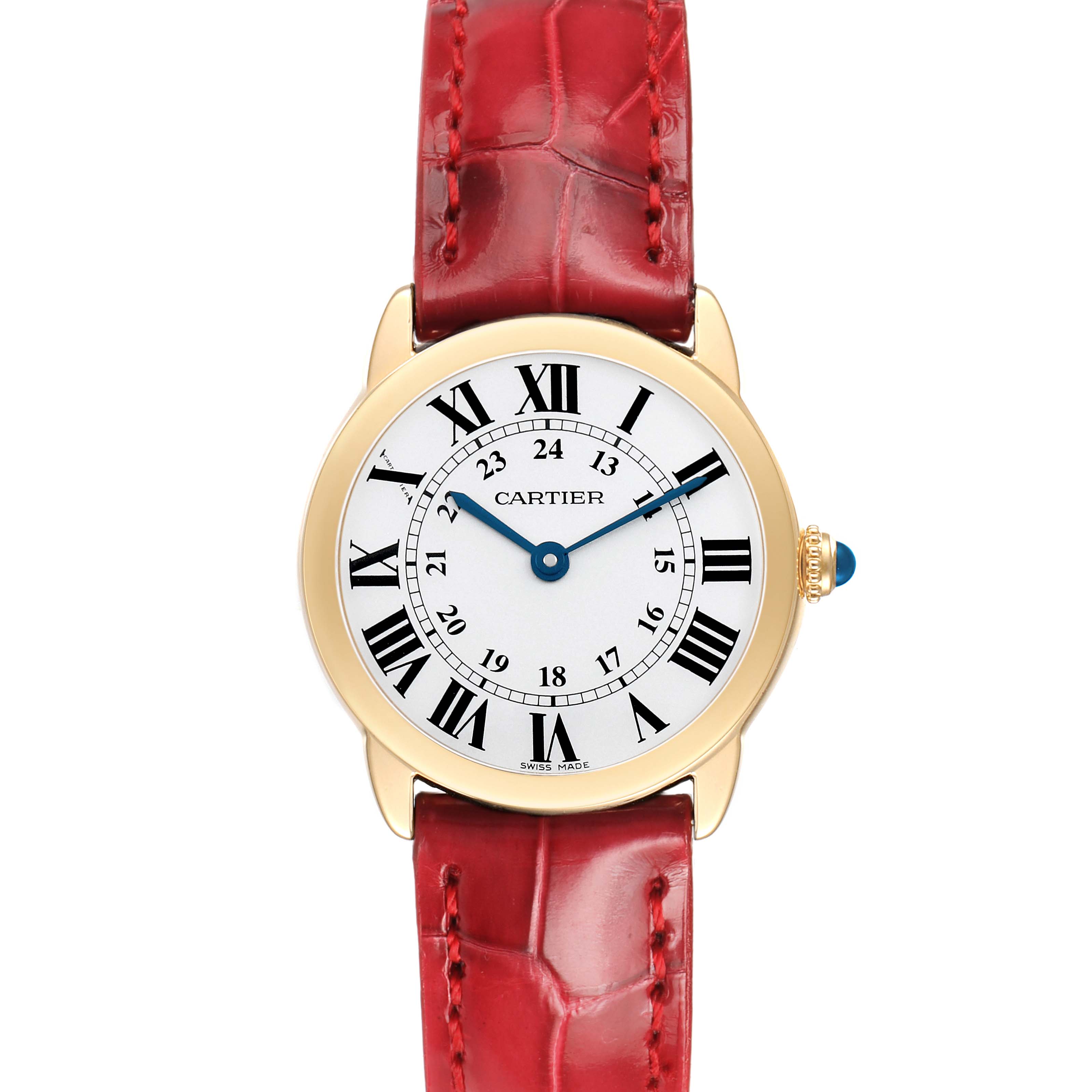 The Cartier Ronde W6700355 Women's Yellow Gold Silver Dial watch is shown from the front, displaying its round face, Roman numerals, gold case, and red leather strap.
