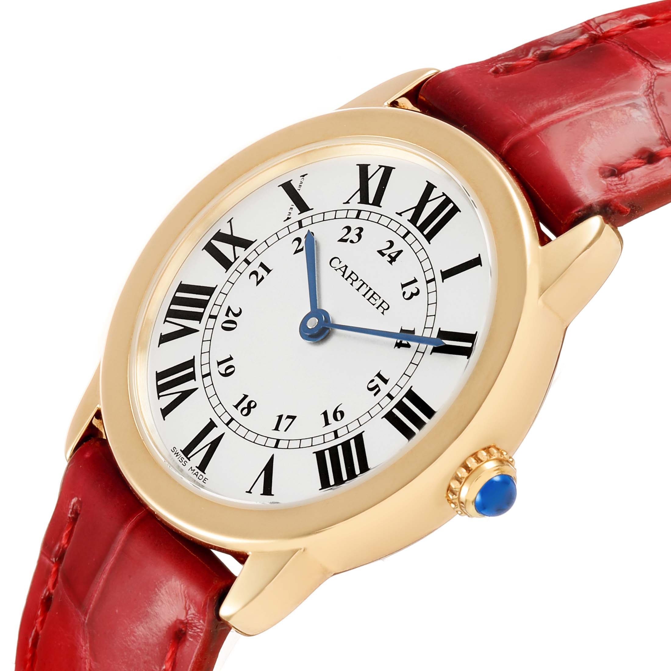 The Cartier Ronde W6700355 Women's Yellow Gold Silver Dial watch is shown at a slight angle, highlighting the gold case, white dial with Roman numerals, blue hands, and red leather strap.