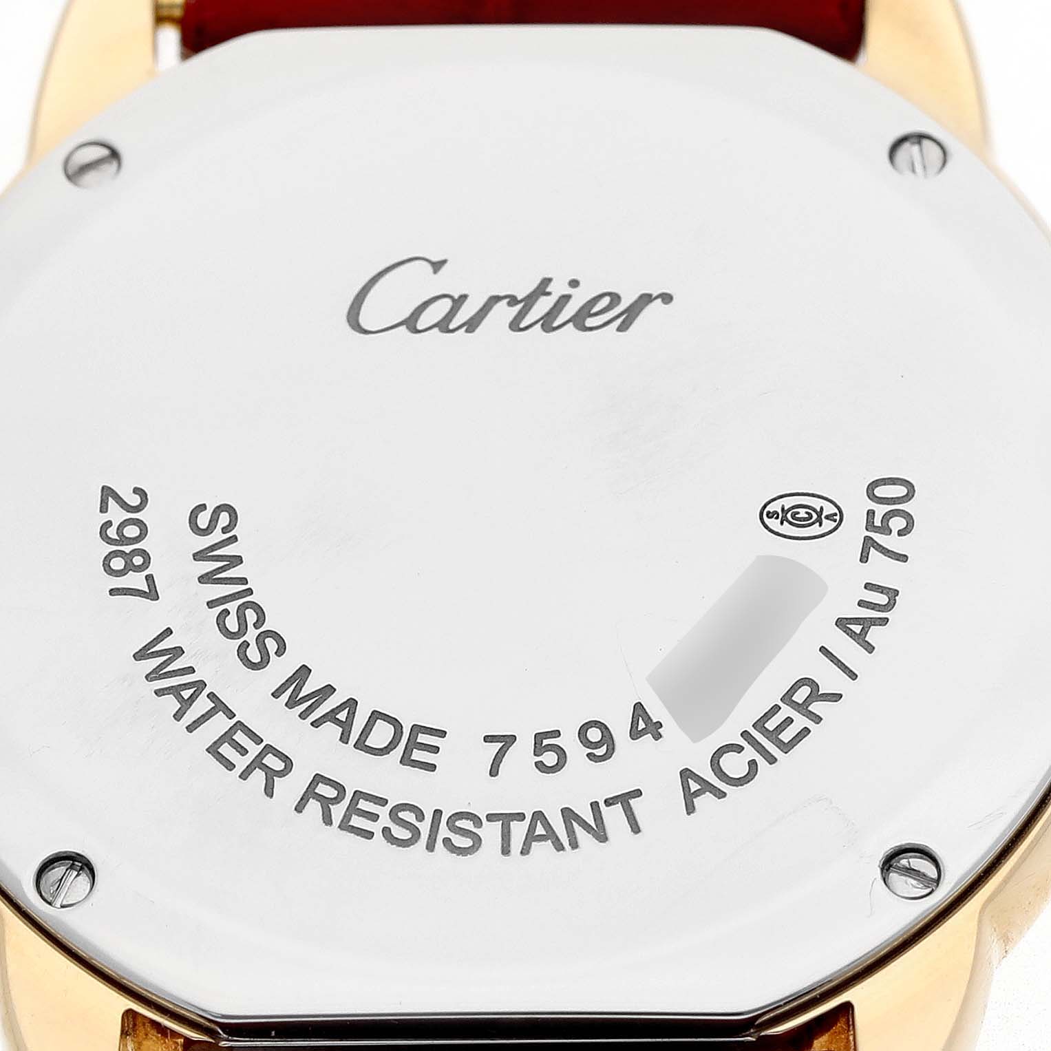 This image shows the back of the Cartier Ronde W6700355 Women's Yellow Gold Silver Dial watch, featuring engravings and screws.