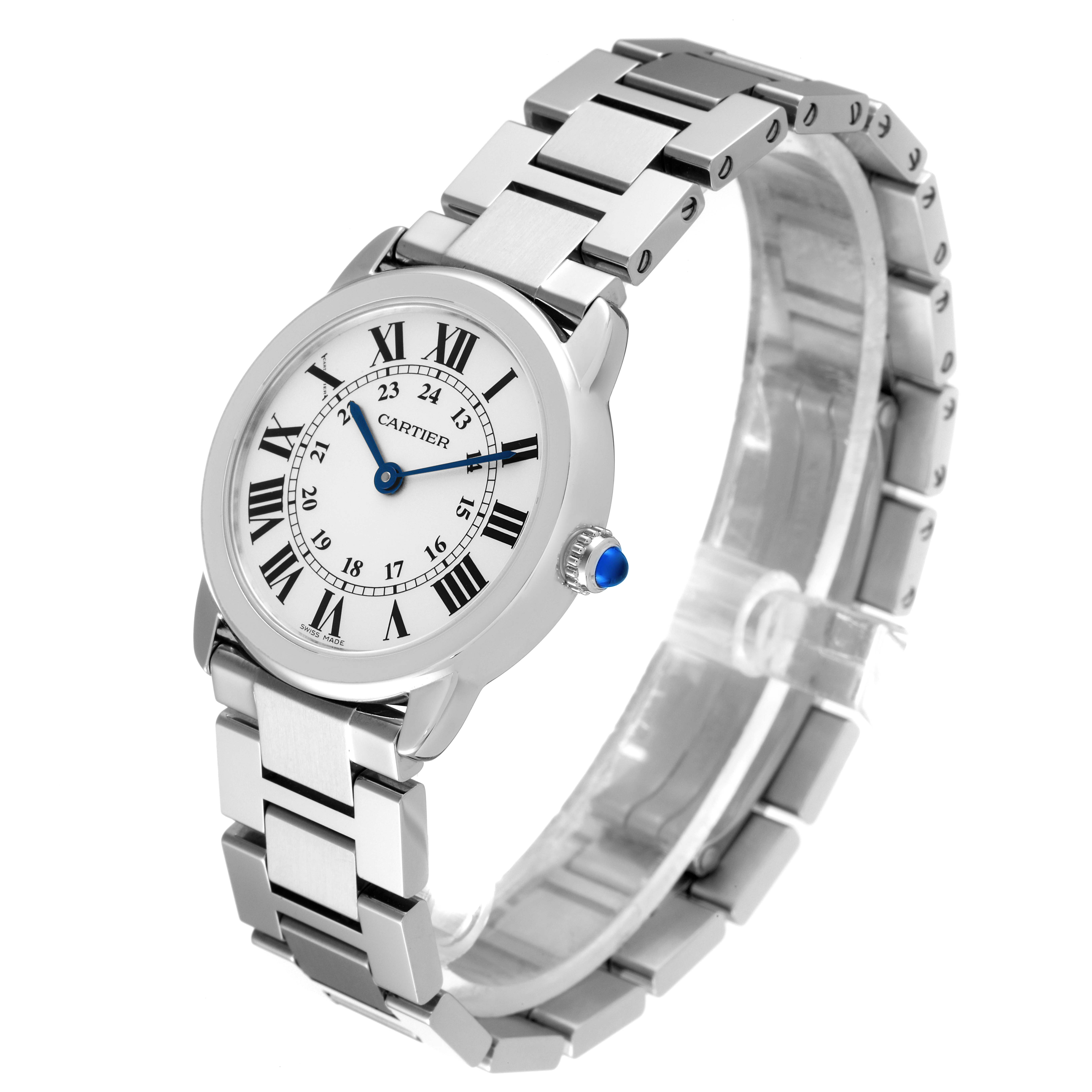 This image shows a side angle view of the Cartier Ronde W6701004 Women's Stainless Steel Silver Dial W6701004 Women's Stainless Steel Silver Dial model watch, focusing on the face and metal bracelet.