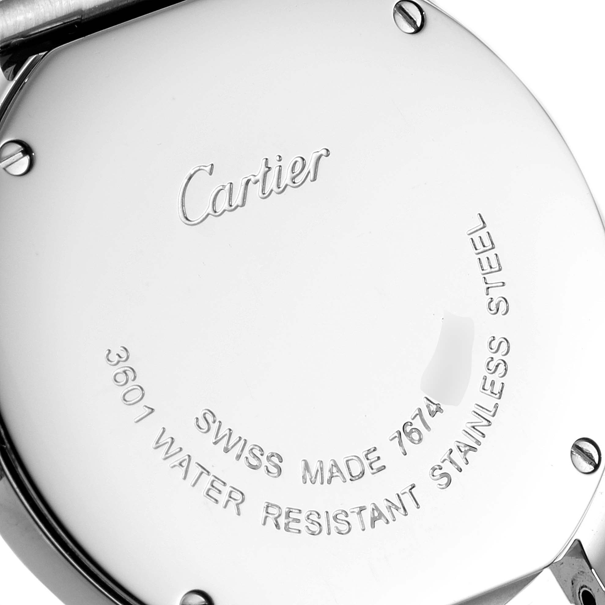 This image shows the back case of the Cartier Ronde W6701004 Women's Stainless Steel Silver Dial W6701004 Women's Stainless Steel Silver Dial watch, displaying brand engraving and specifications.