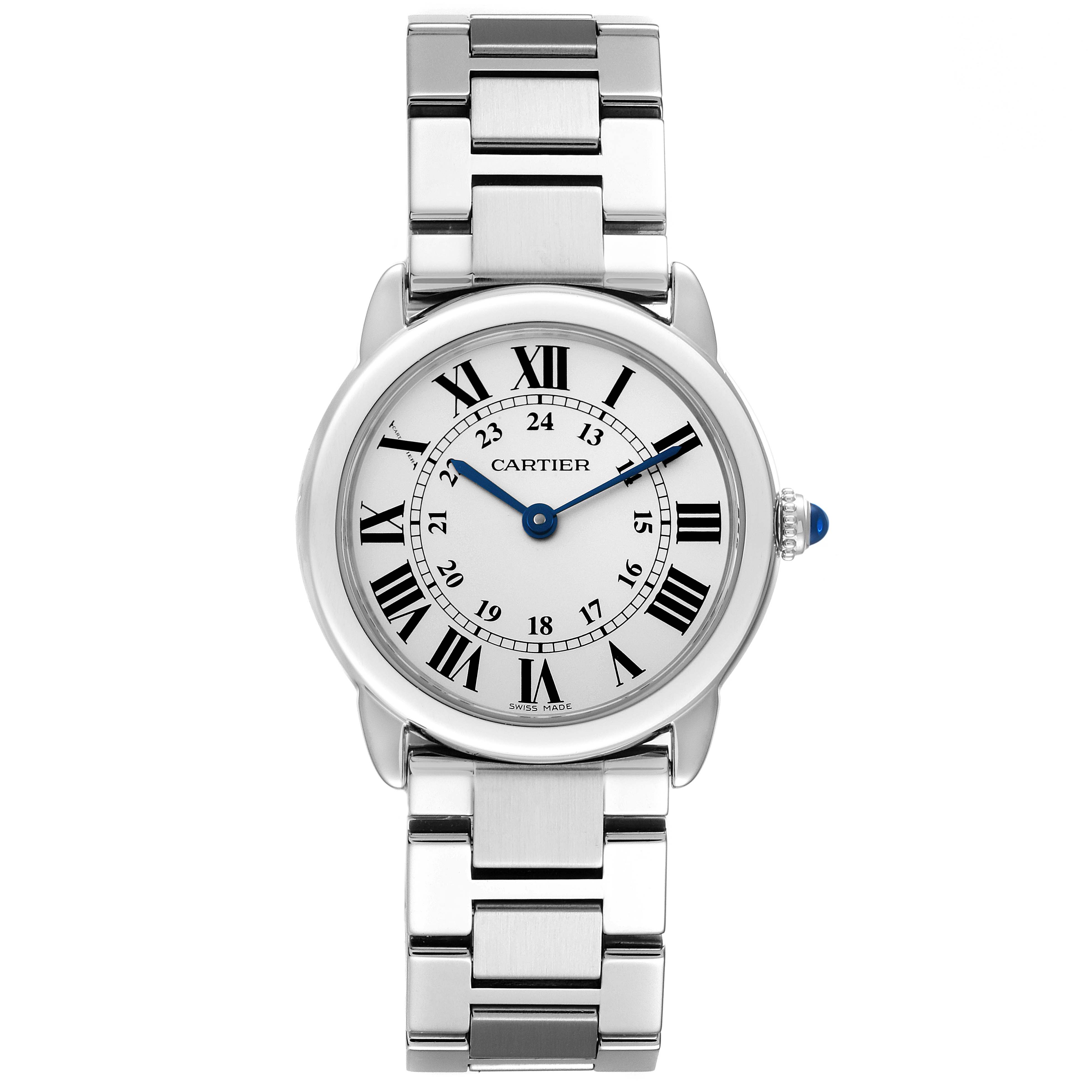 The image shows a top-down view of the Cartier Ronde W6701004 Women's Stainless Steel Silver Dial W6701004 Women's Stainless Steel Silver Dial watch, highlighting the dial, Roman numerals, and metal bracelet.
