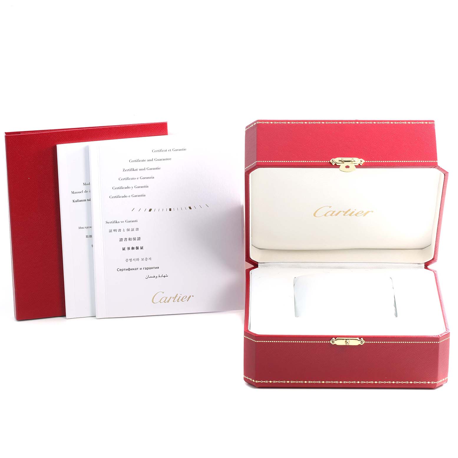 The image shows an open Cartier Ronde W6701004 Women's Stainless Steel Silver Dial W6701004 Women's Stainless Steel Silver Dial watch box adjacent to warranty and certificate booklets, viewed from the front.