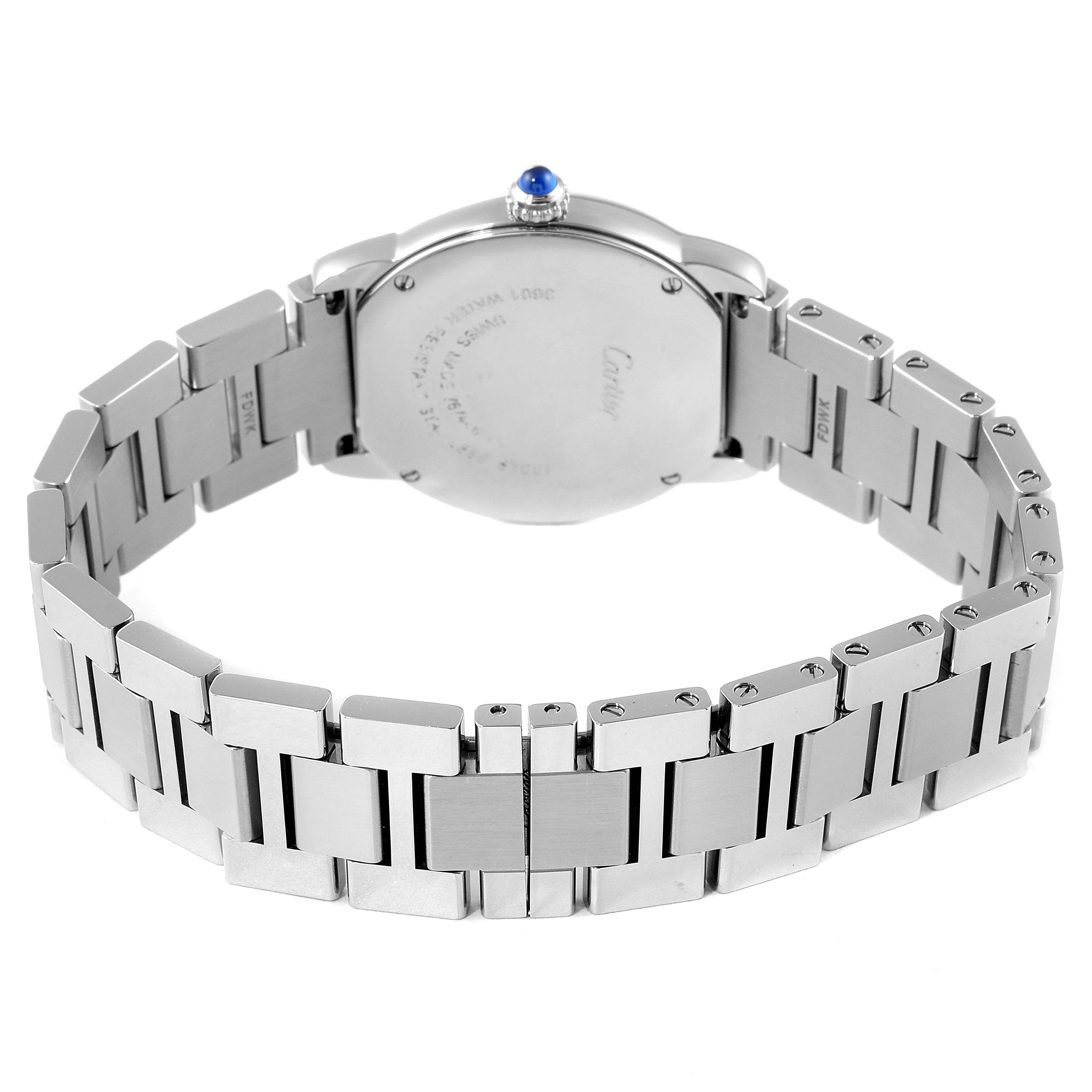 The image shows the rear view of a Ronde model by Cartier, focusing on the case back and metal bracelet.