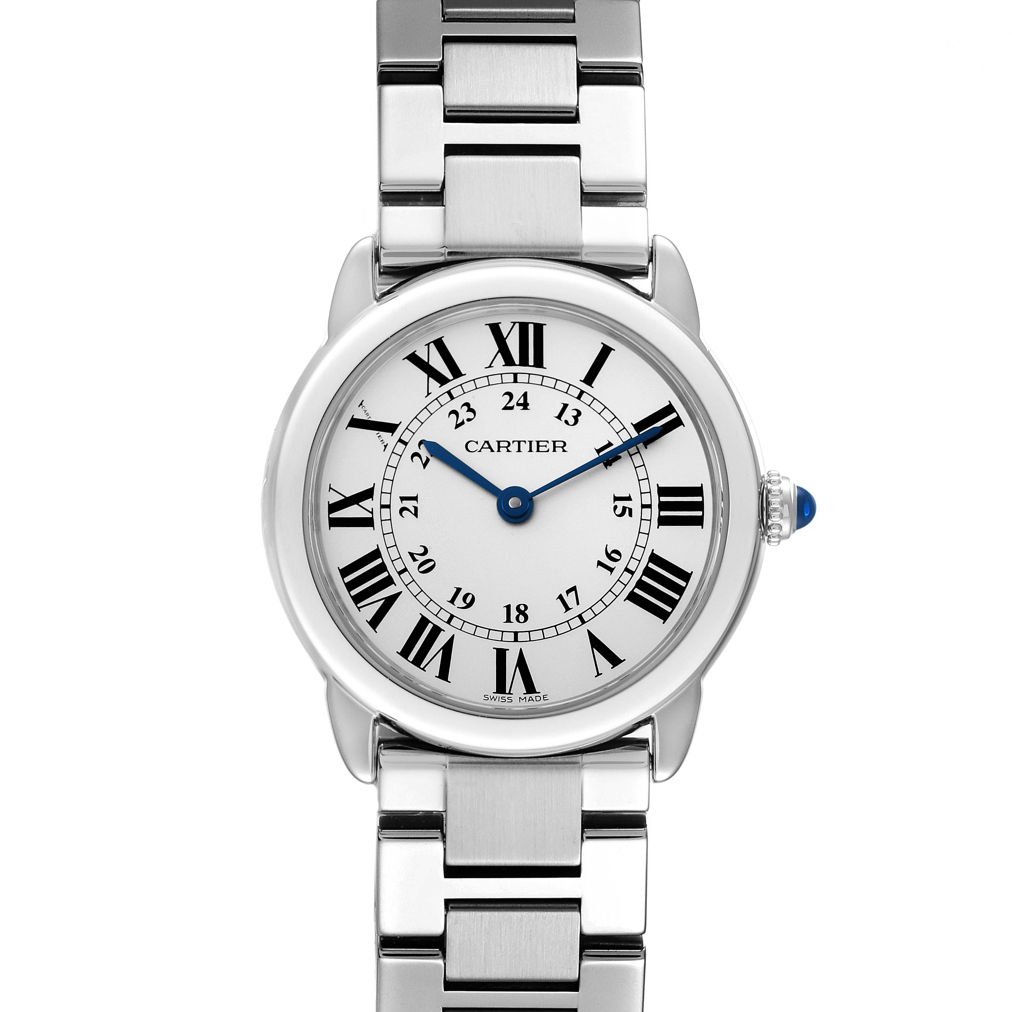 This image shows a Cartier Ronde W6701004 Women's Stainless Steel Silver Dial W6701004 Women's Stainless Steel Silver Dial watch straight-on, highlighting its face, roman numerals, hands, and metal band.