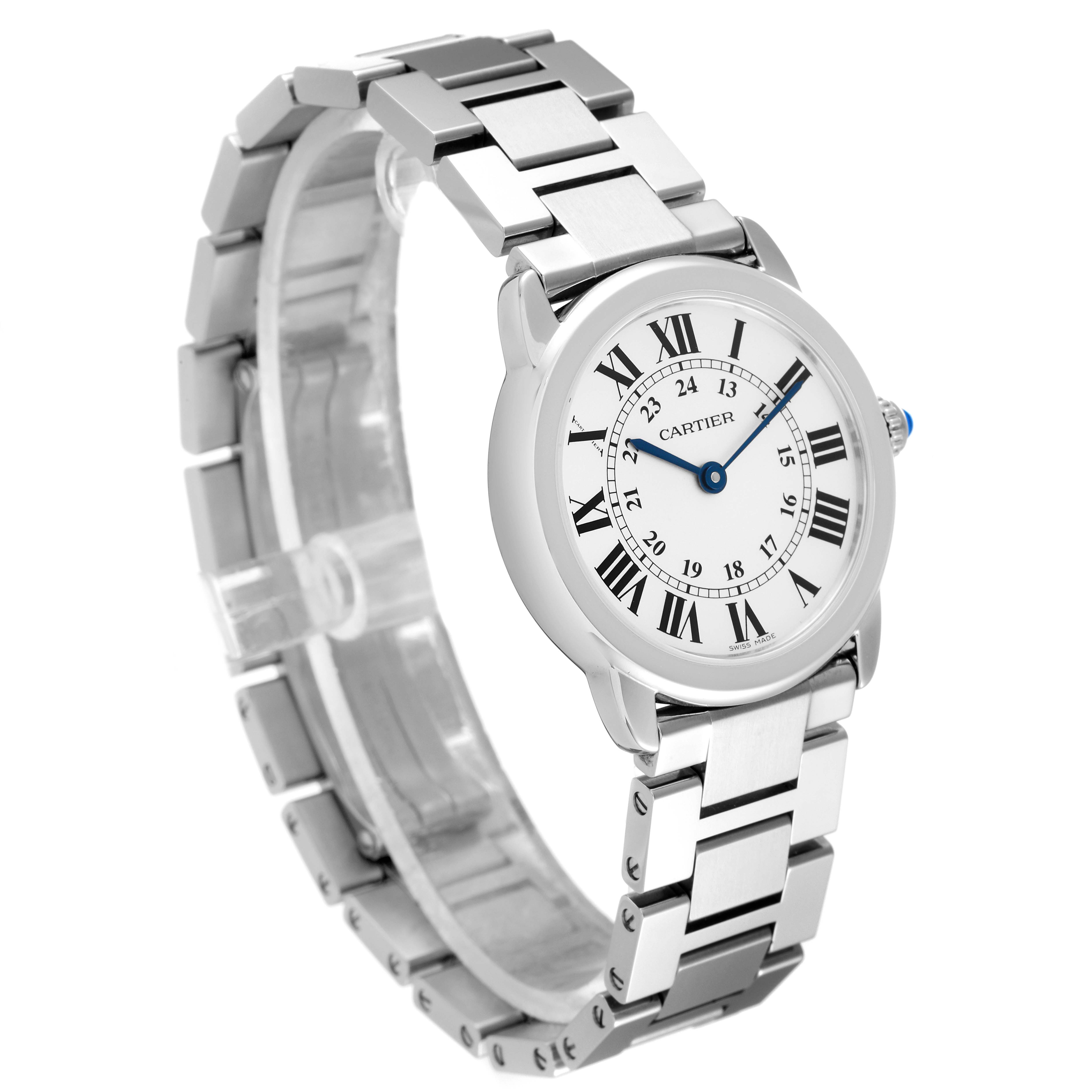 This image shows the full view of a Cartier Ronde W6701004 Women's Stainless Steel Silver Dial W6701004 Women's Stainless Steel Silver Dial watch from an angled side perspective, highlighting its bracelet and dial.