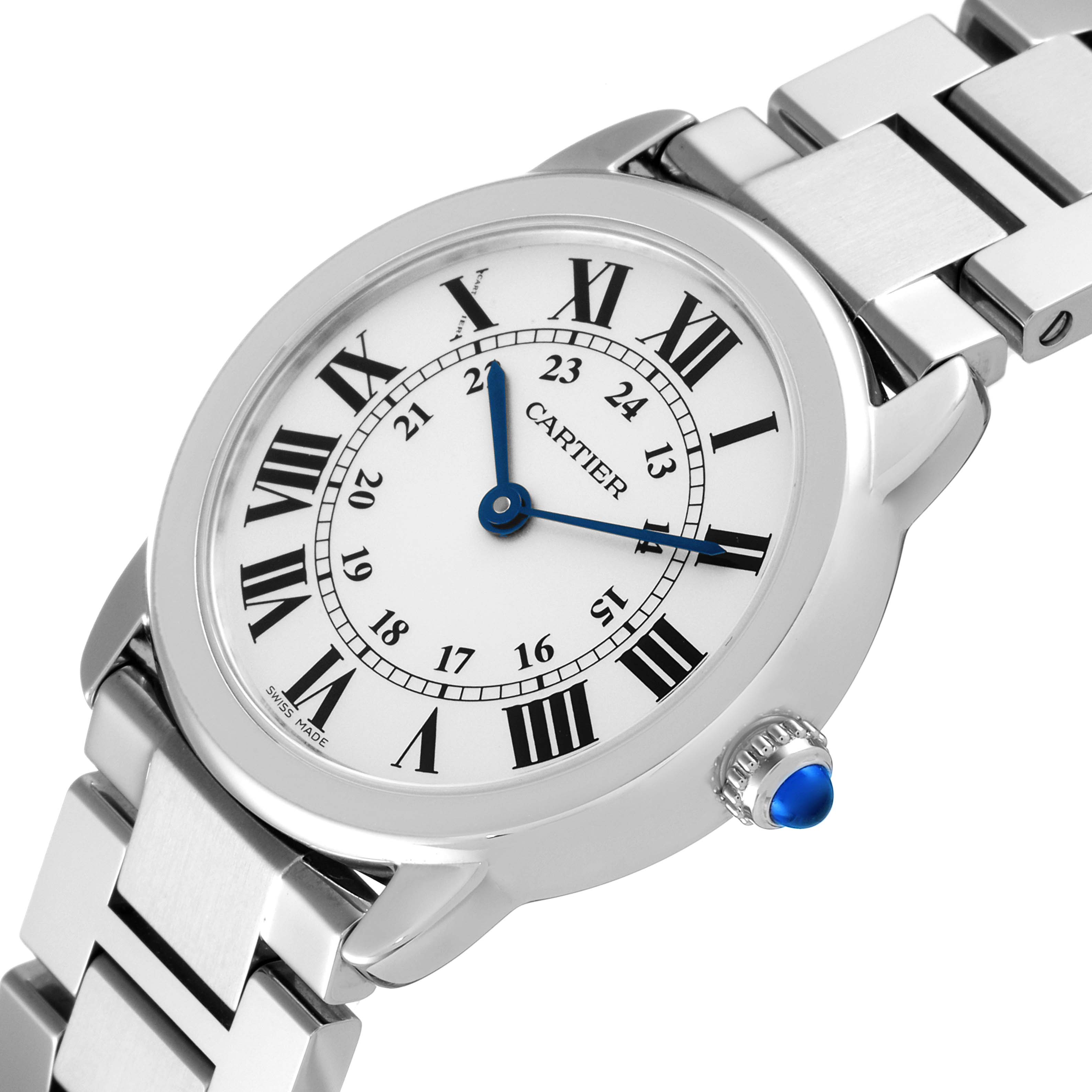 The image shows the Cartier Ronde W6701004 Women's Stainless Steel Silver Dial W6701004 Women's Stainless Steel Silver Dial watch from a slightly angled side view, highlighting the face, strap, and crown.