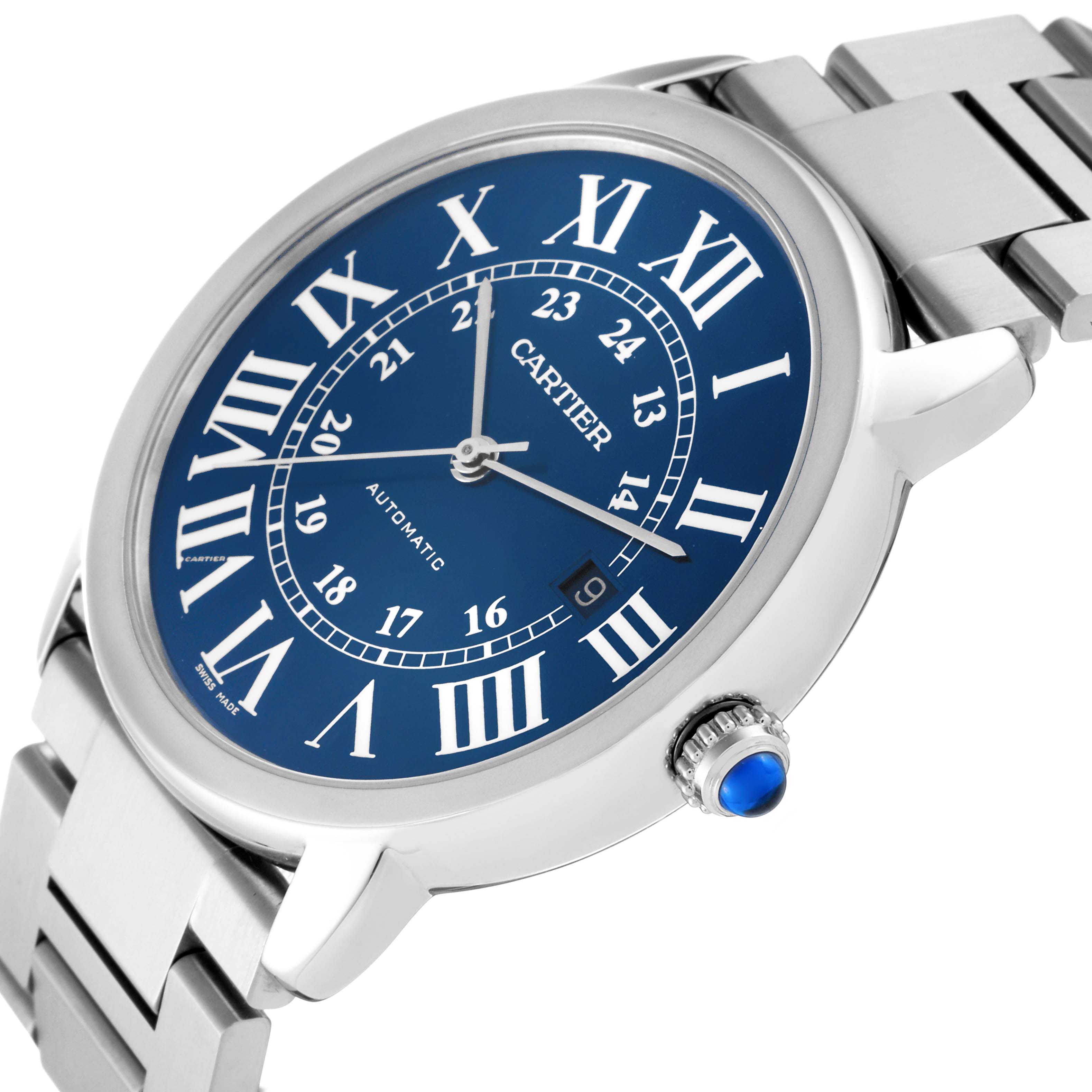 This image shows a Cartier Ronde WSRN0023 Men's Stainless Steel Blue Dial WSRN0023 Men's Stainless Steel Blue Dial model watch at a side angle, highlighting the face, crown, and part of the bracelet.
