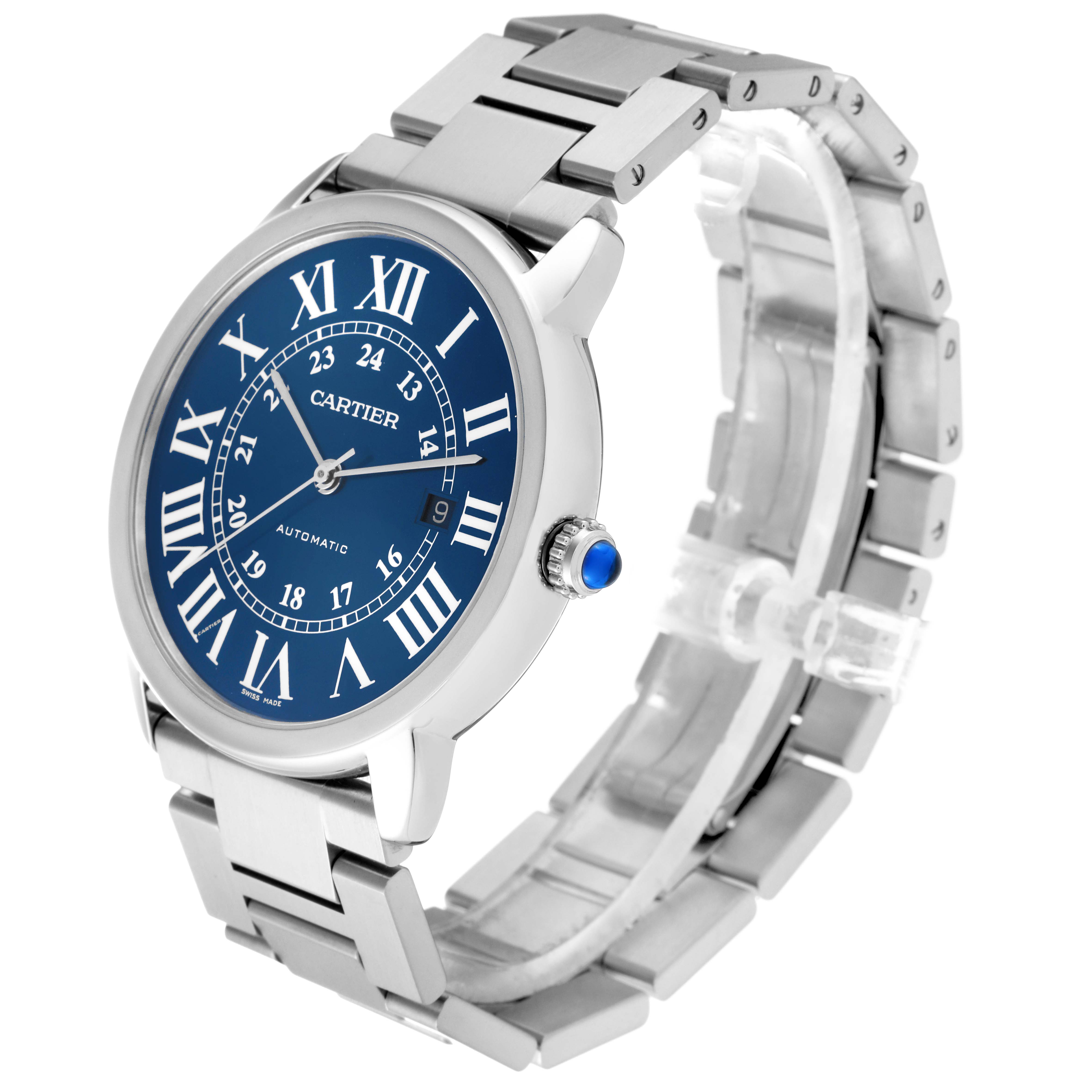 The image shows a Cartier Ronde WSRN0023 Men's Stainless Steel Blue Dial WSRN0023 Men's Stainless Steel Blue Dial model watch angled from the front-left, highlighting its dial, bracelet, and crown.