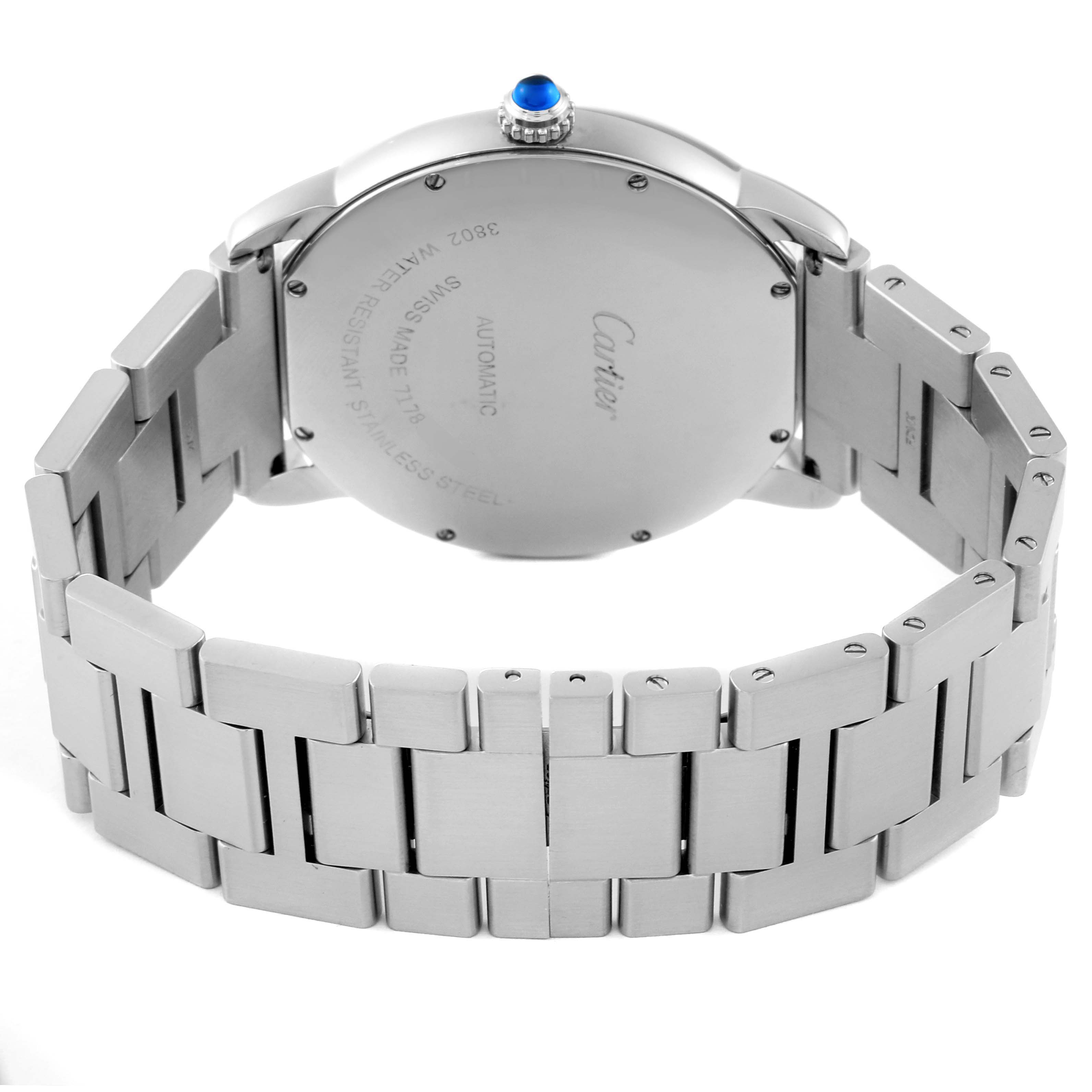The image shows the back view of the Cartier Ronde WSRN0023 Men's Stainless Steel Blue Dial WSRN0023 Men's Stainless Steel Blue Dial watch, highlighting the case back, crown, and metal bracelet.