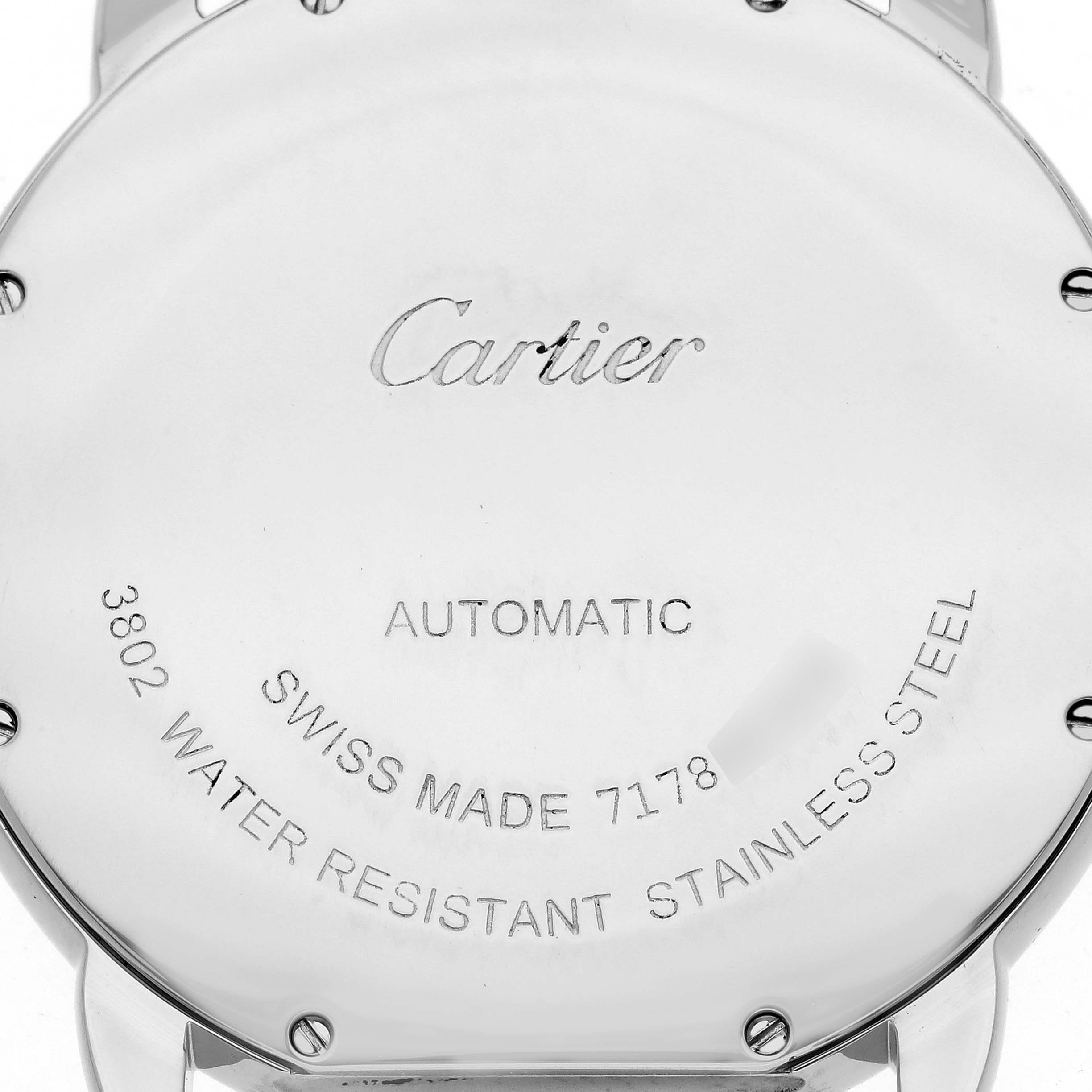 The image shows the back case of a Cartier Ronde WSRN0023 Men's Stainless Steel Blue Dial WSRN0023 Men's Stainless Steel Blue Dial watch featuring engravings about its specifications.