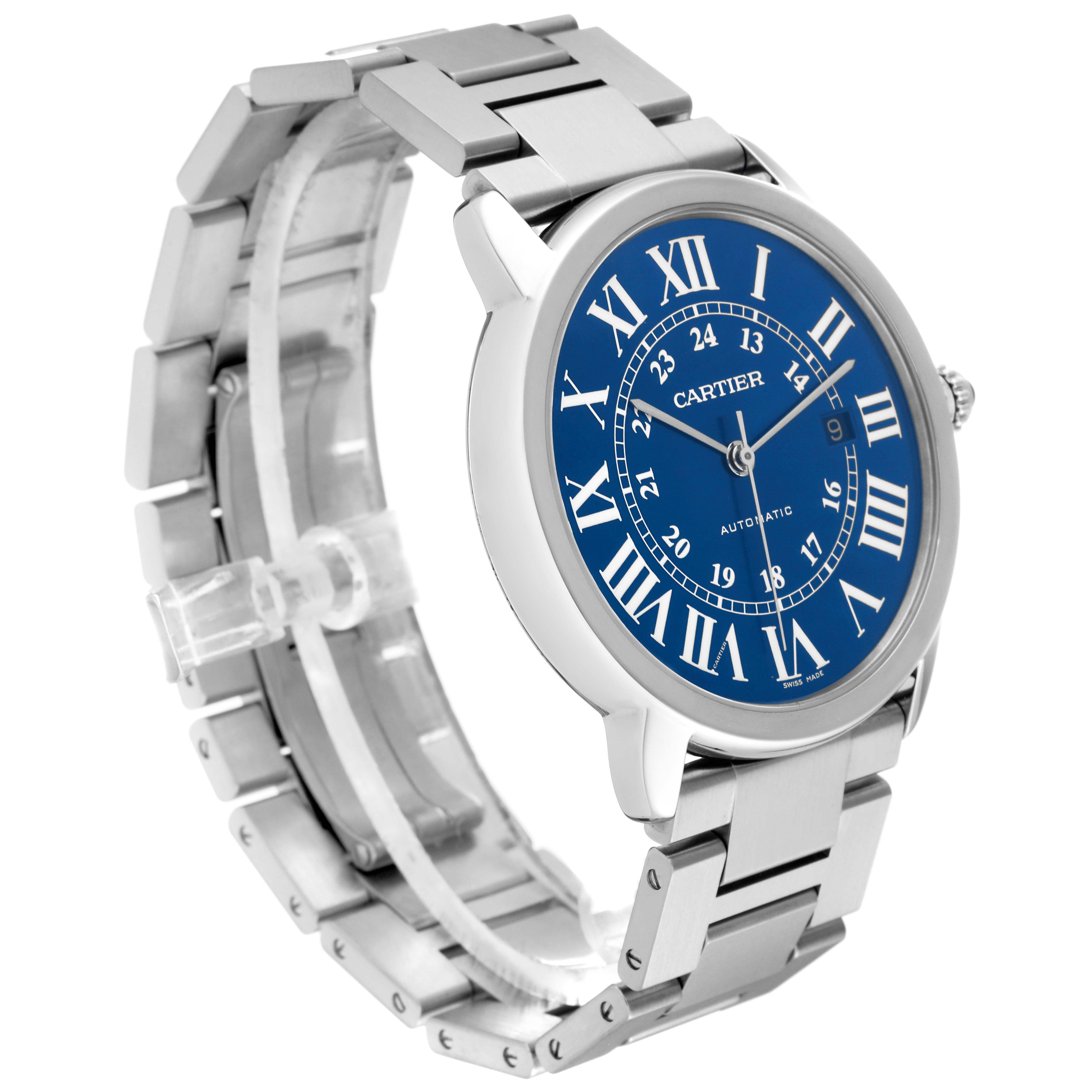 The Cartier Ronde WSRN0023 Men's Stainless Steel Blue Dial WSRN0023 Men's Stainless Steel Blue Dial model watch is shown at an angled view highlighting the stainless steel band and blue dial with Roman numerals.