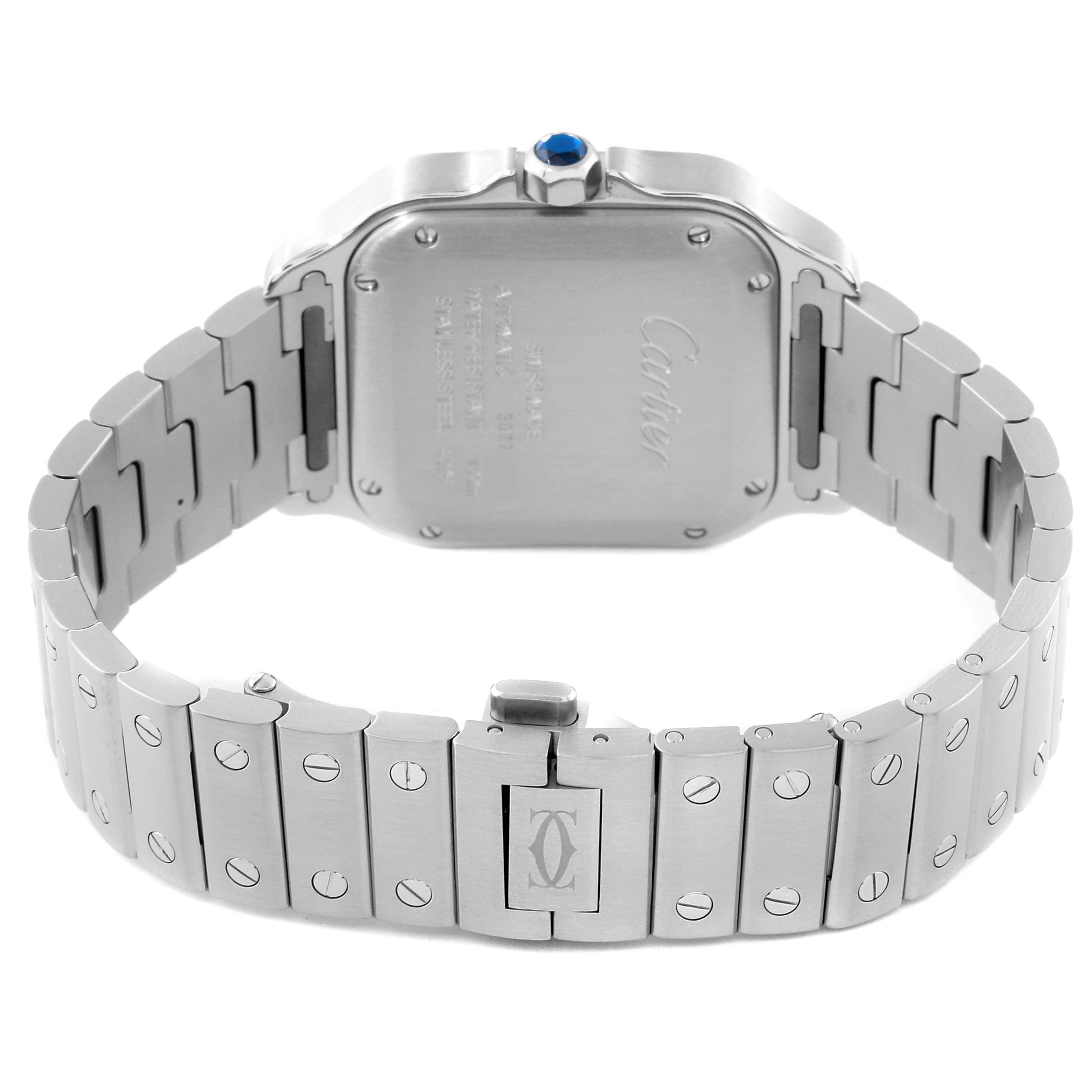 This image shows the back and bracelet of a Cartier Santos W4SA0006 Men's Stainless Steel Blue Dial W4SA0006 Men's Stainless Steel Blue Dial watch, featuring its stainless steel case and signature screws.