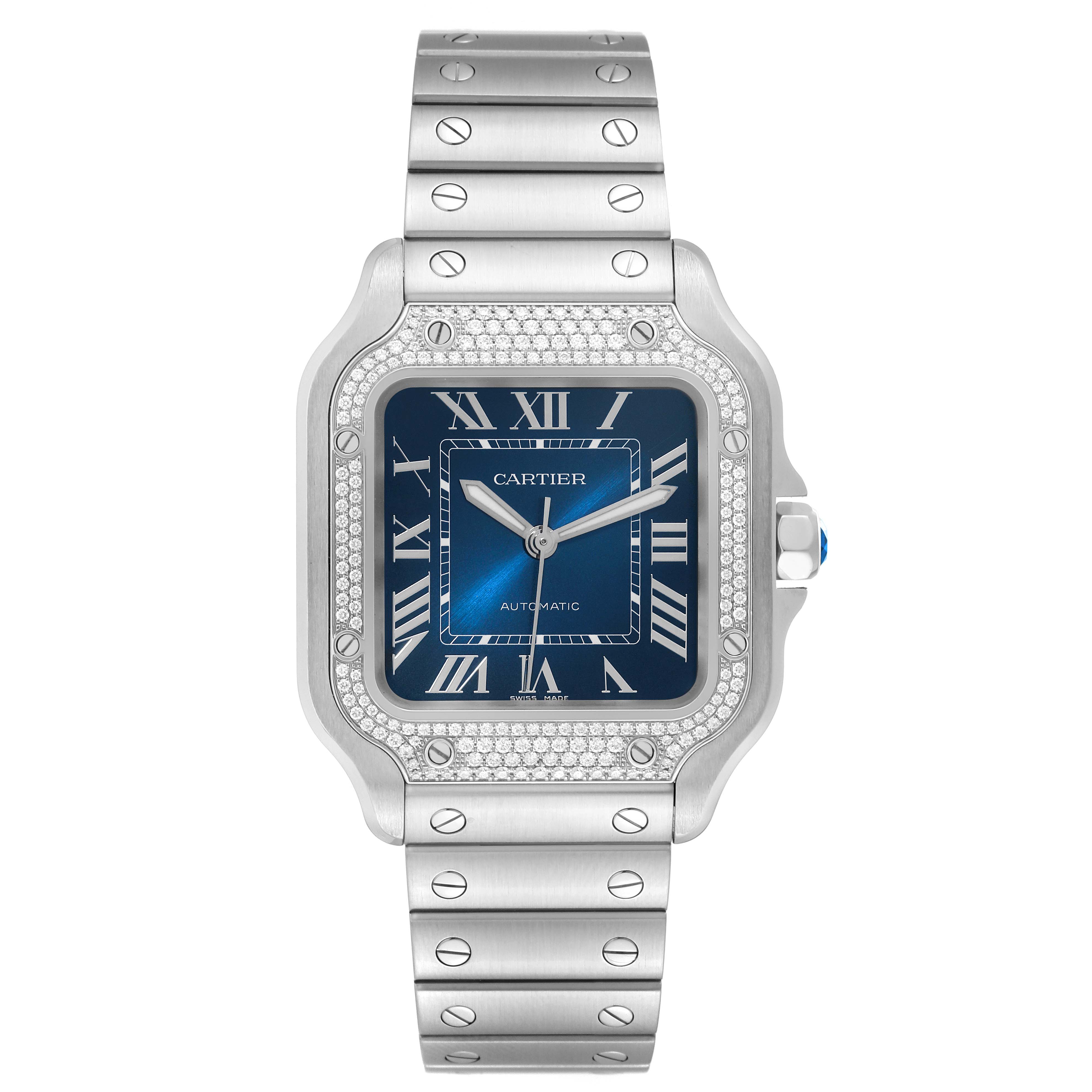 This image shows a Cartier Santos W4SA0006 Men's Stainless Steel Blue Dial W4SA0006 Men's Stainless Steel Blue Dial model watch from the front, displaying the face, bezel, and metal bracelet.