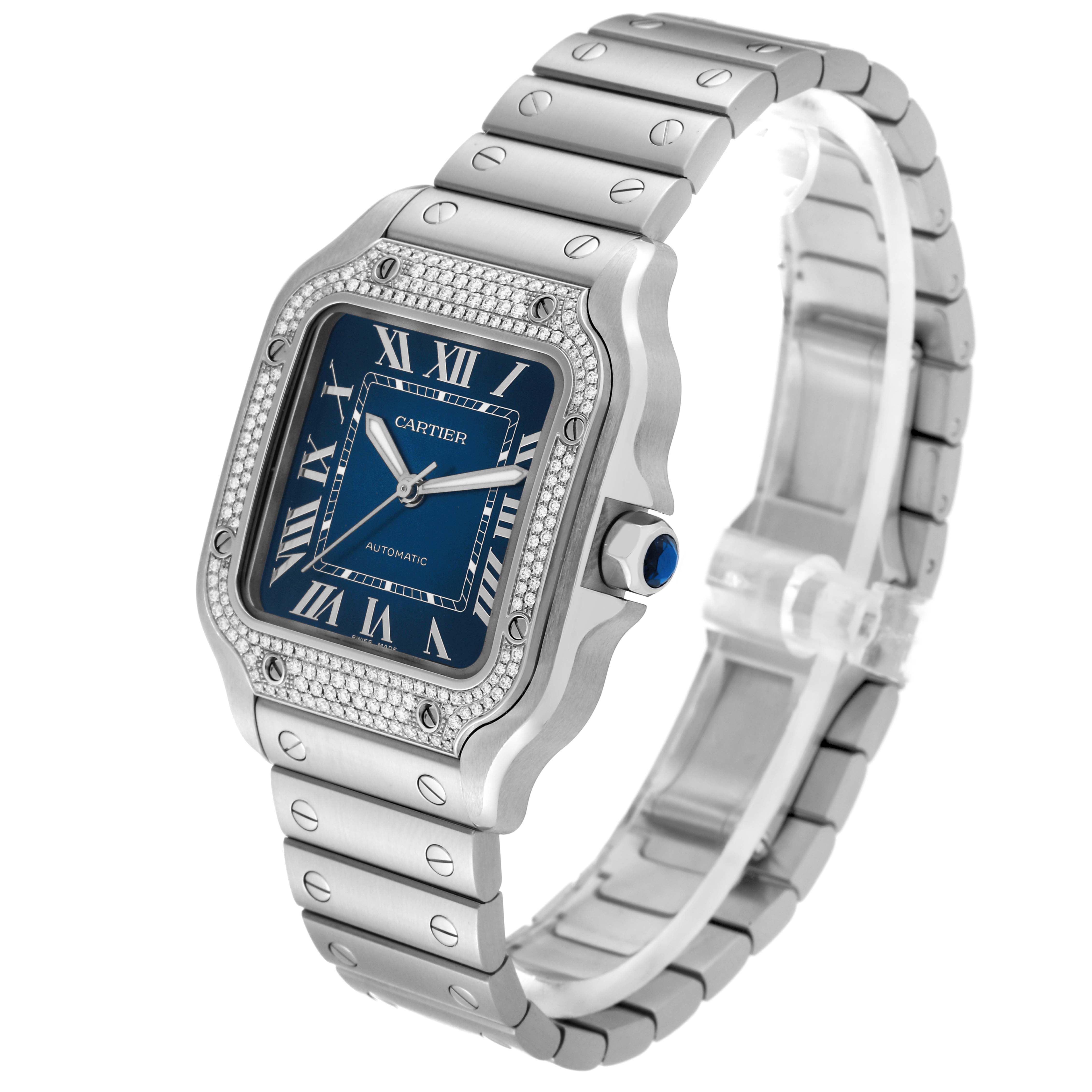 The Cartier Santos W4SA0006 Men's Stainless Steel Blue Dial W4SA0006 Men's Stainless Steel Blue Dial watch is shown at a three-quarter angle, highlighting its face, bezel, crown, and bracelet.