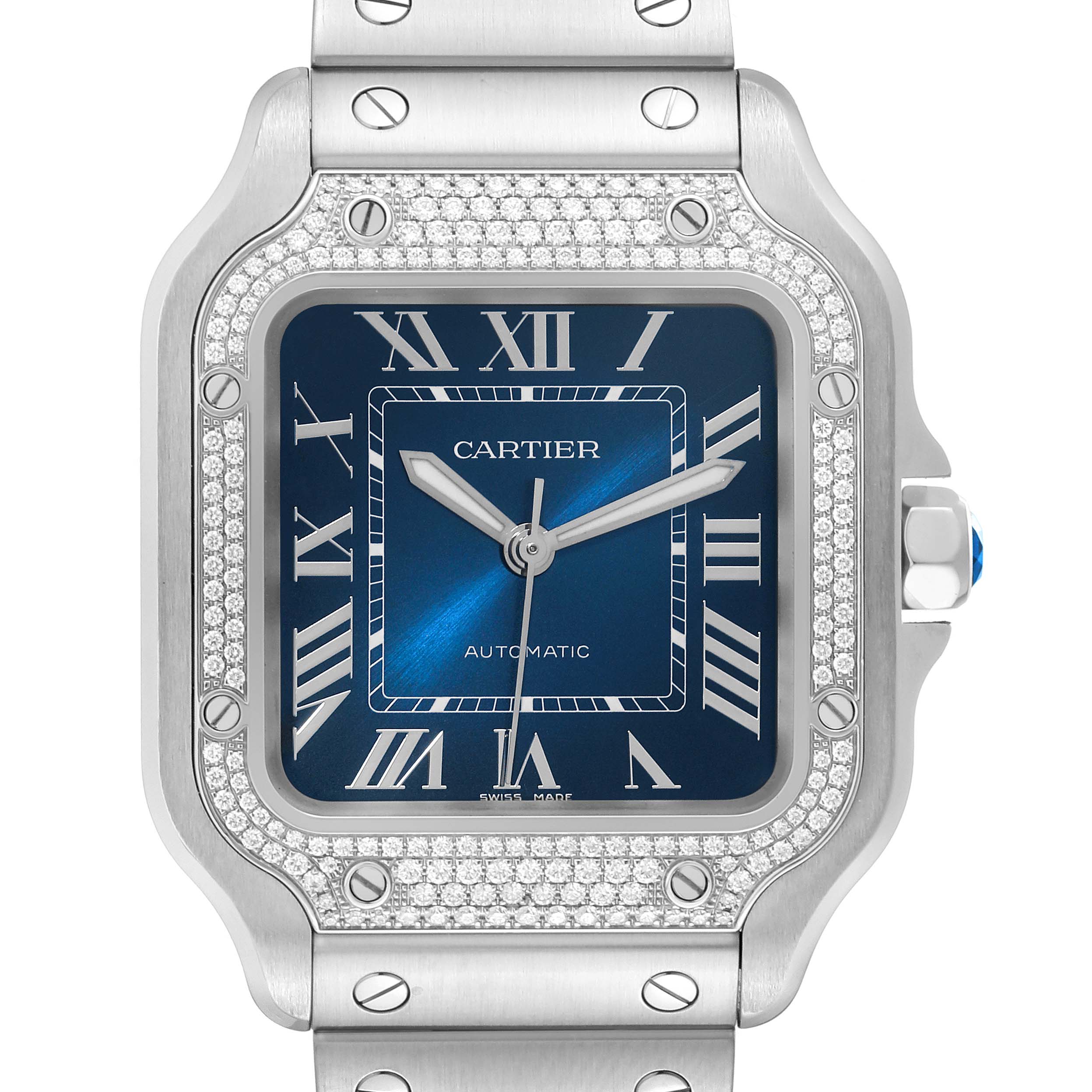 This image shows a close-up, front view of a Cartier Santos W4SA0006 Men's Stainless Steel Blue Dial W4SA0006 Men's Stainless Steel Blue Dial watch, highlighting the dial, bezel, and part of the bracelet.
