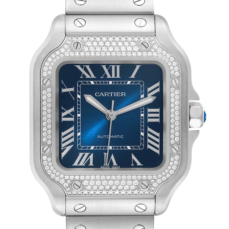 Cartier Santos Blue Dial Diamond Steel Mens Watch W4SA0006 Box Card SwissWatchExpo