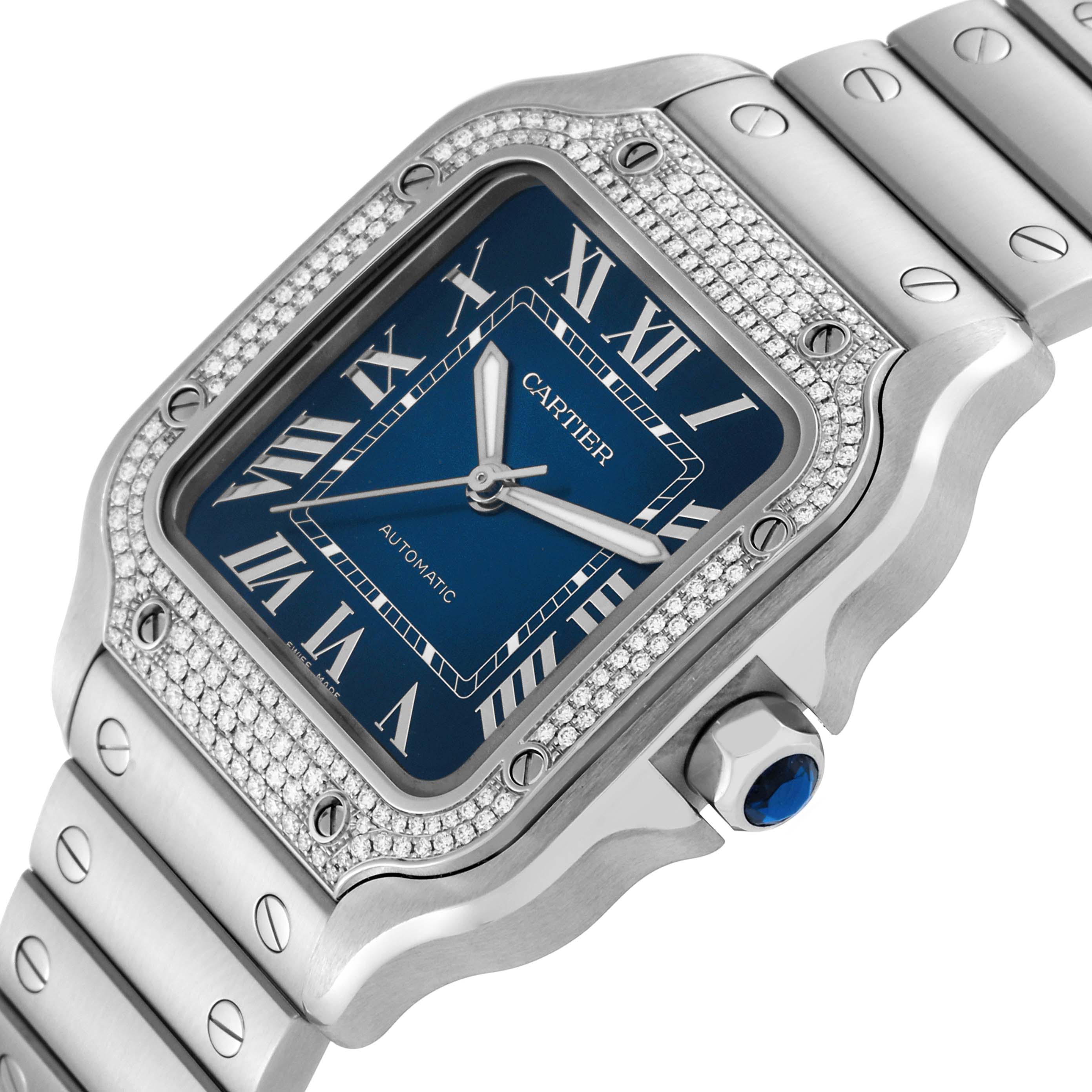 The image shows a close-up of a Cartier Santos W4SA0006 Men's Stainless Steel Blue Dial W4SA0006 Men's Stainless Steel Blue Dial watch featuring its blue dial, diamond bezel, and metal bracelet.