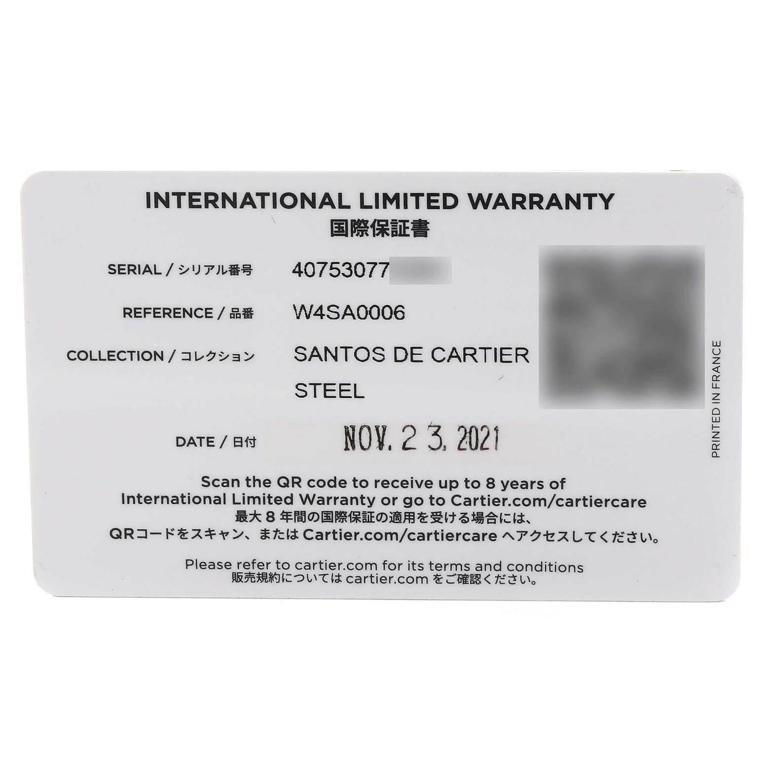 This image shows the international limited warranty card for the Santos model by Cartier with details like serial number and date.