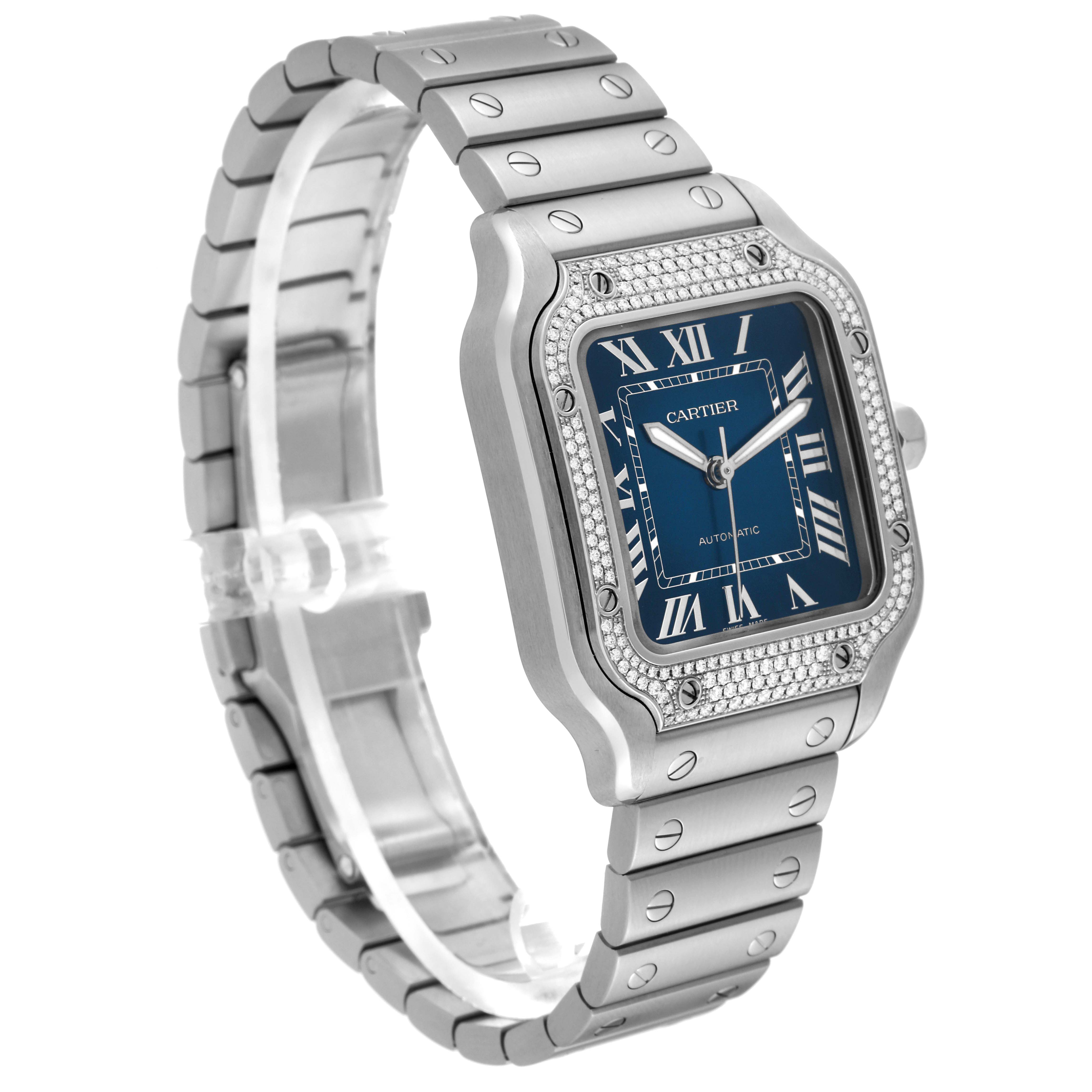 The image shows a side-angle view of the Cartier Santos W4SA0006 Men's Stainless Steel Blue Dial W4SA0006 Men's Stainless Steel Blue Dial watch, highlighting its blue dial and metal bracelet.