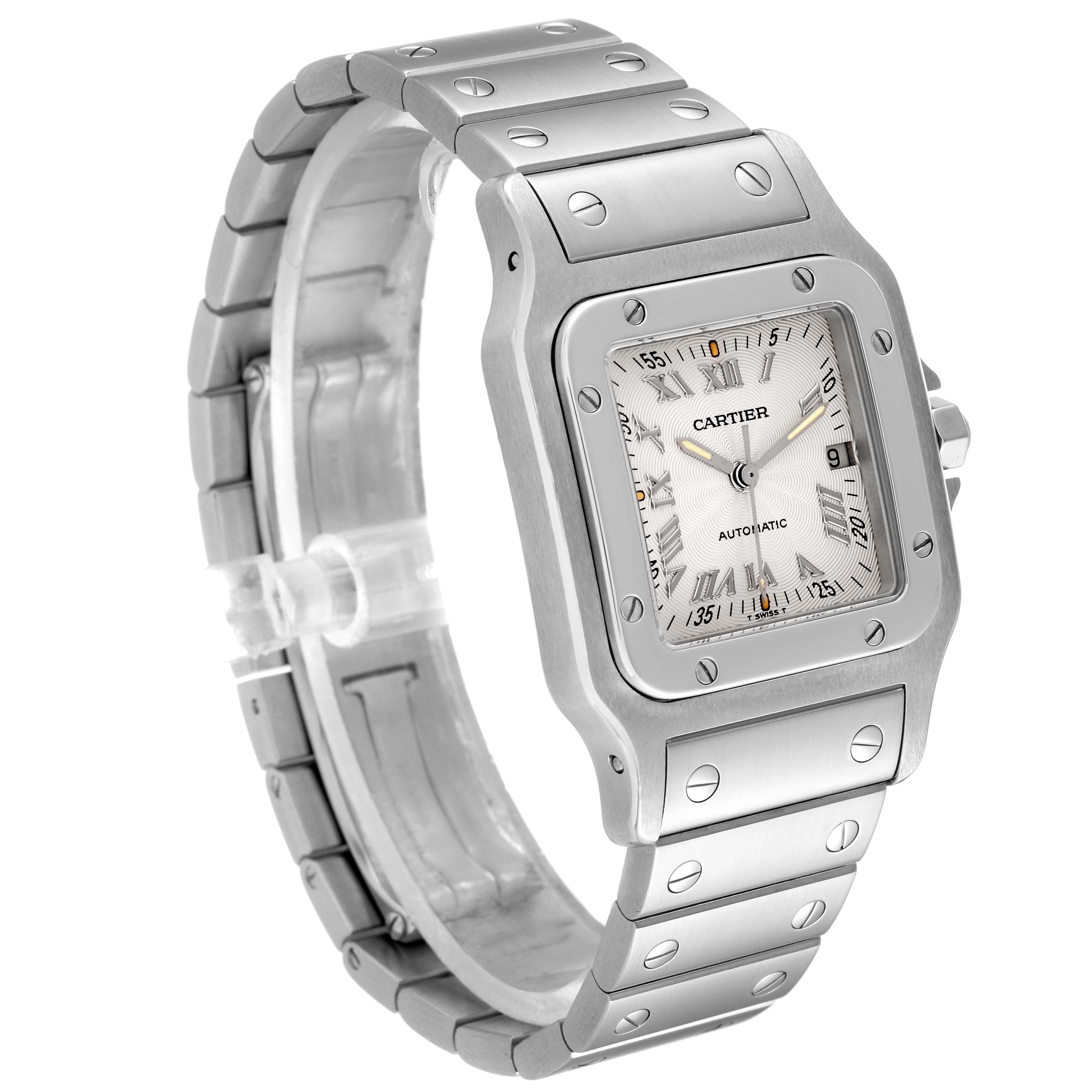 The Cartier Santos W20040D6 Men
s Stainless Steel Silver Dial W20040D6 Men
s Stainless Steel Silver Dial watch is shown at a slightly tilted angle, highlighting its rectangular face and metal bracelet.