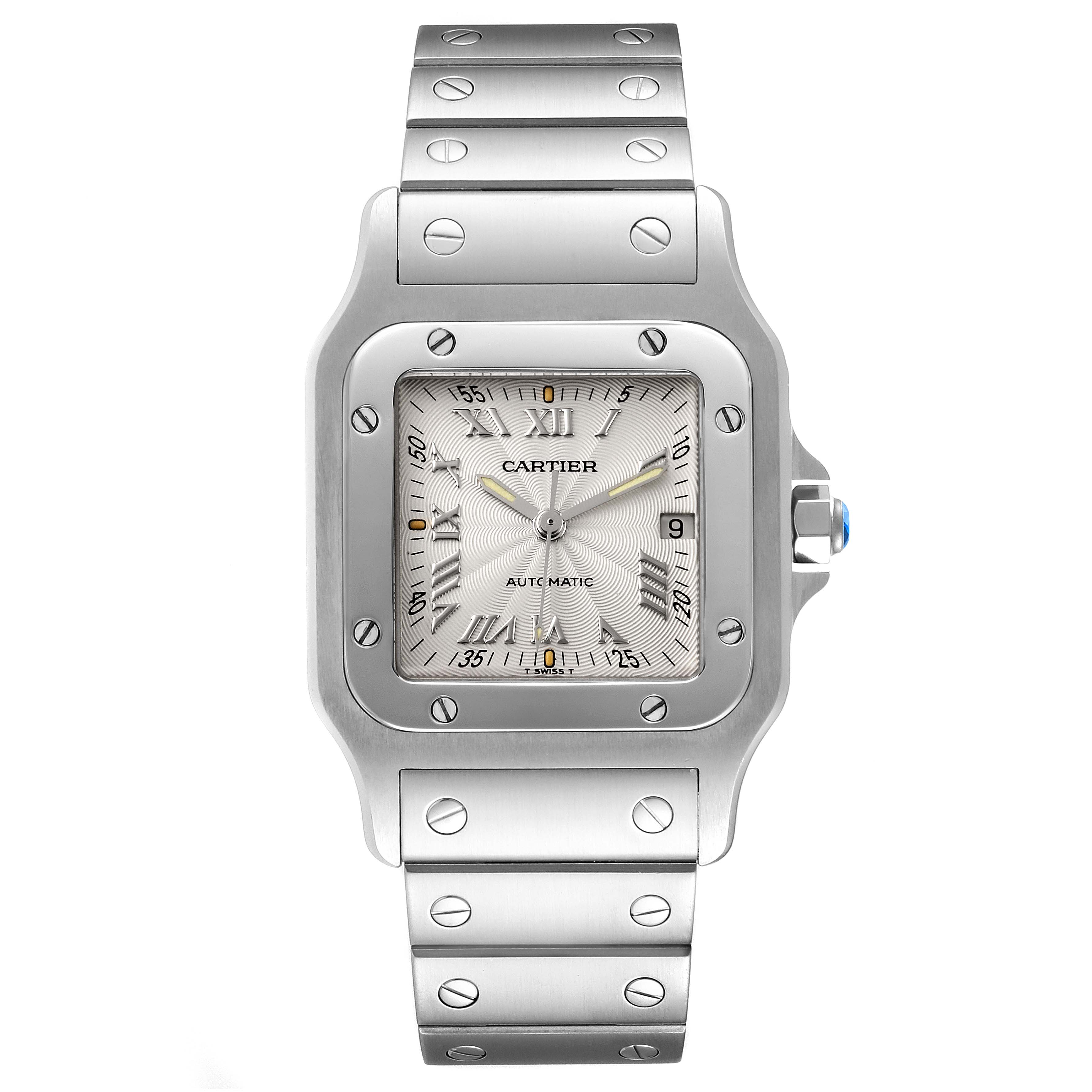 The image shows a front view of the Santos model watch by Cartier, highlighting the case, dial, and metal bracelet.