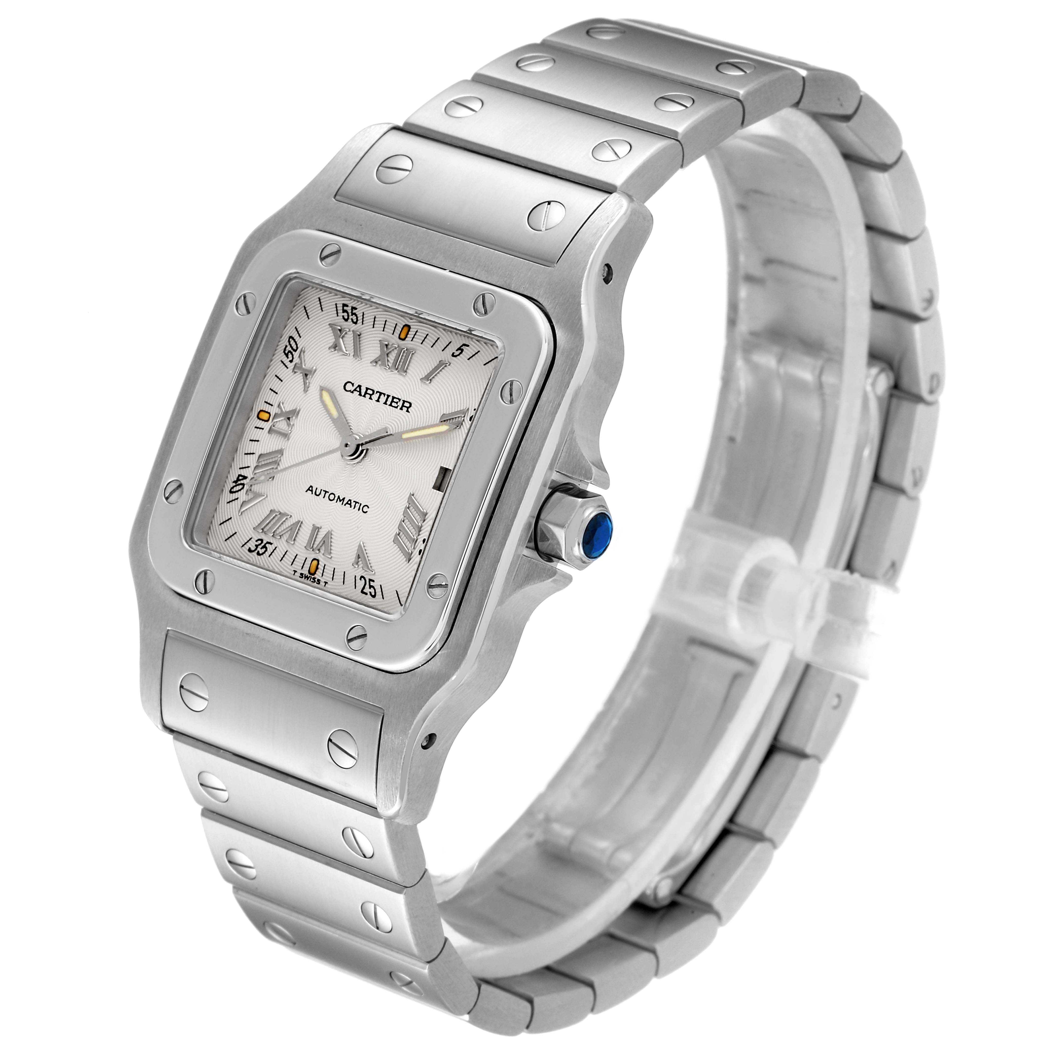 The Cartier Santos W20040D6 Men
s Stainless Steel Silver Dial W20040D6 Men
s Stainless Steel Silver Dial watch is shown from a front-right angle, displaying its face, bezel, crown, and bracelet.