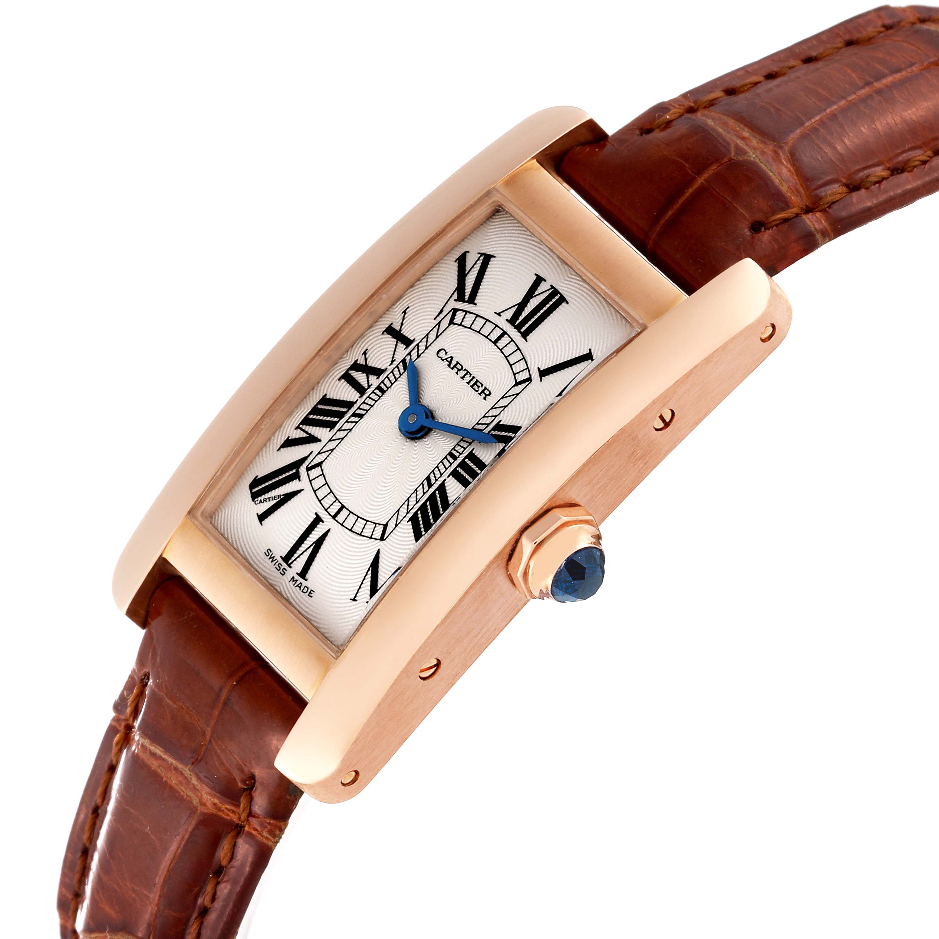 The Tank Americaine model by Cartier is shown at a slight side angle, showcasing the face, crown, and leather strap.