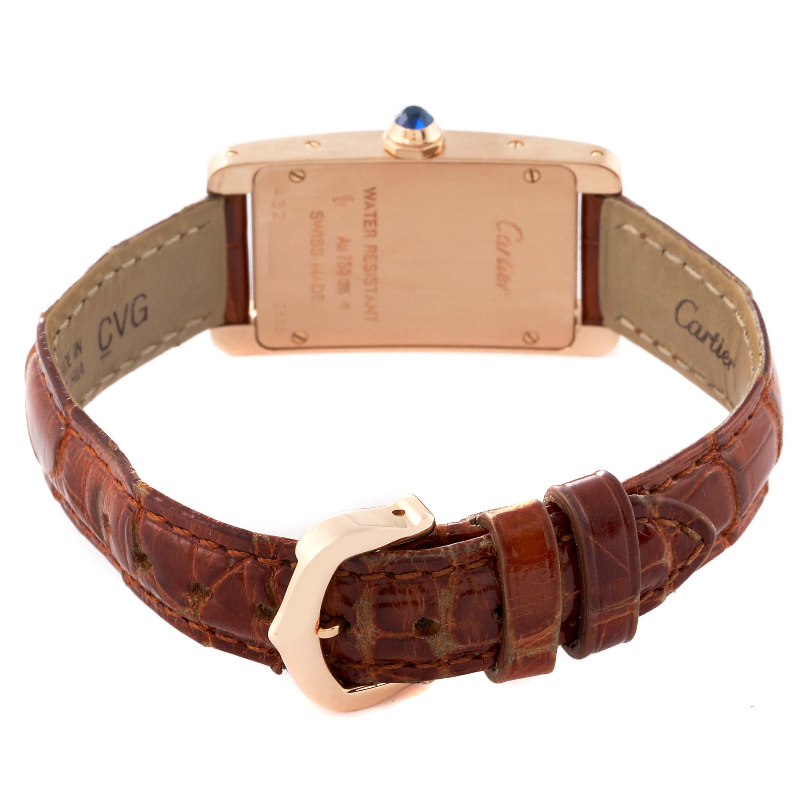 The image shows the back case and strap of a Cartier Tank Americaine W2607456 Women's Rose Gold Silver Dial W2607456 Women's Rose Gold Silver Dial watch.