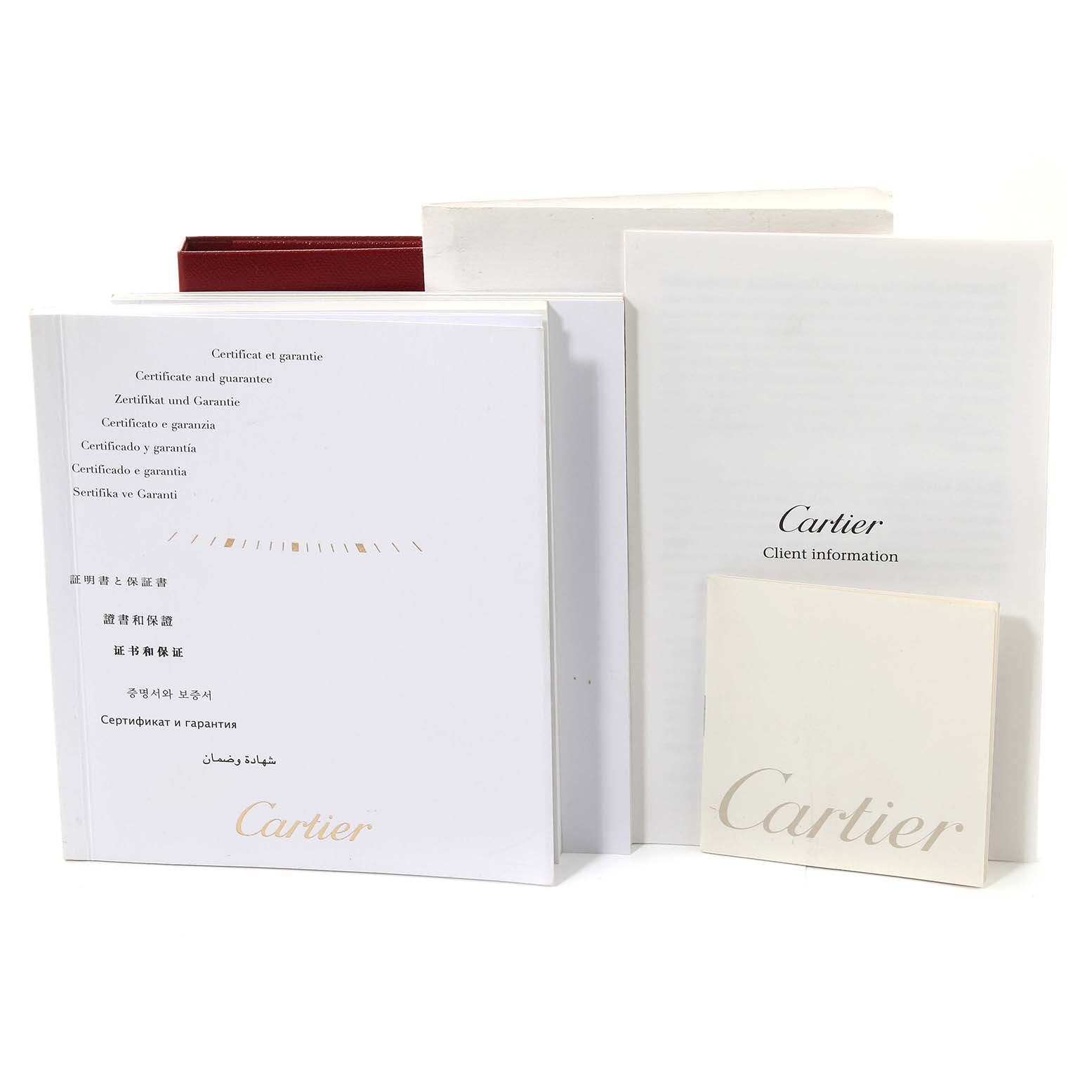 The image shows the certificate booklet, client information booklet, and packaging for a Cartier Tank Americaine W2607456 Women's Rose Gold Silver Dial W2607456 Women's Rose Gold Silver Dial watch.