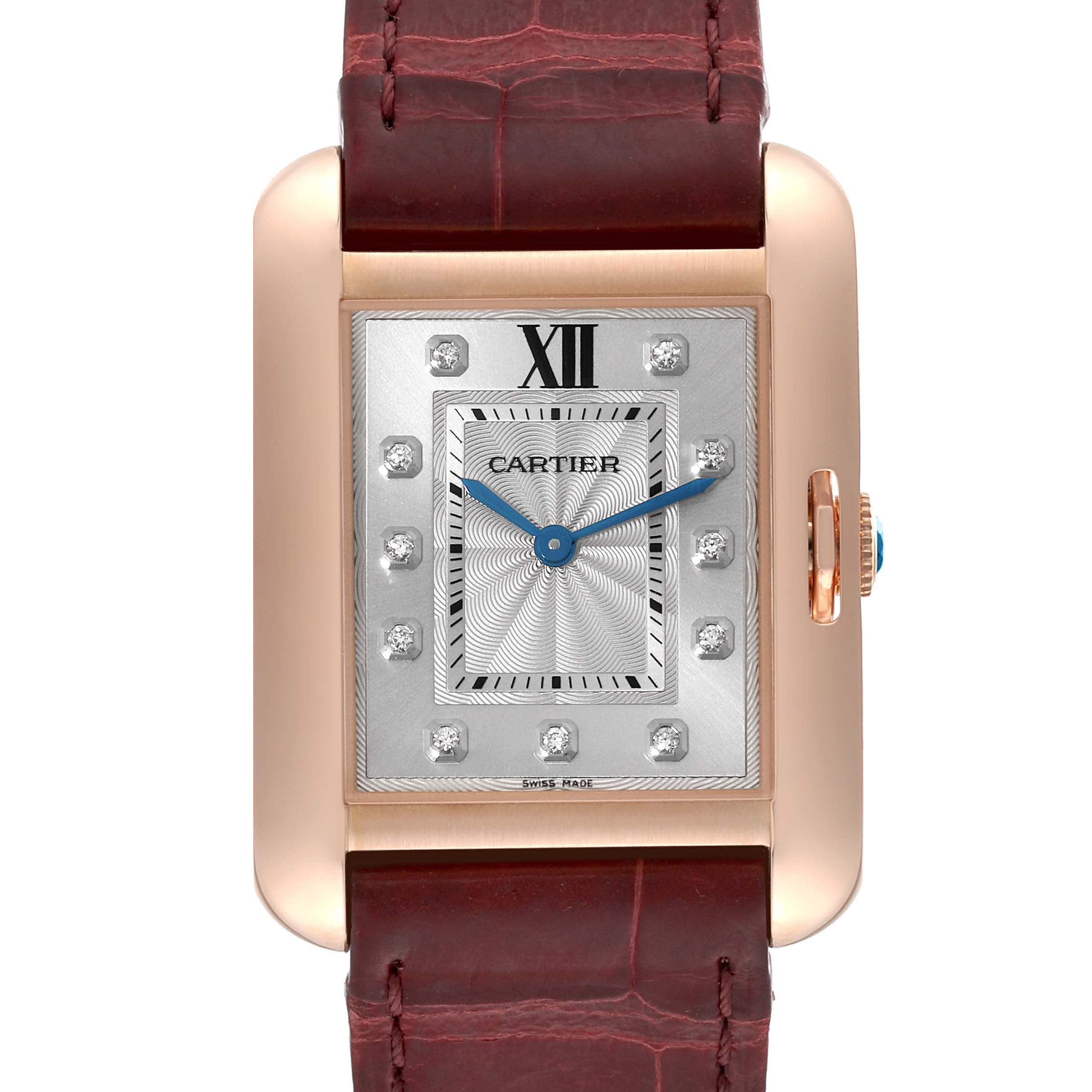 The image shows a close-up front view of a Cartier Tank Anglaise WJTA0009 Women
s Rose Gold Silver Dial WJTA0009 Women
s Rose Gold Silver Dial watch with a leather strap.